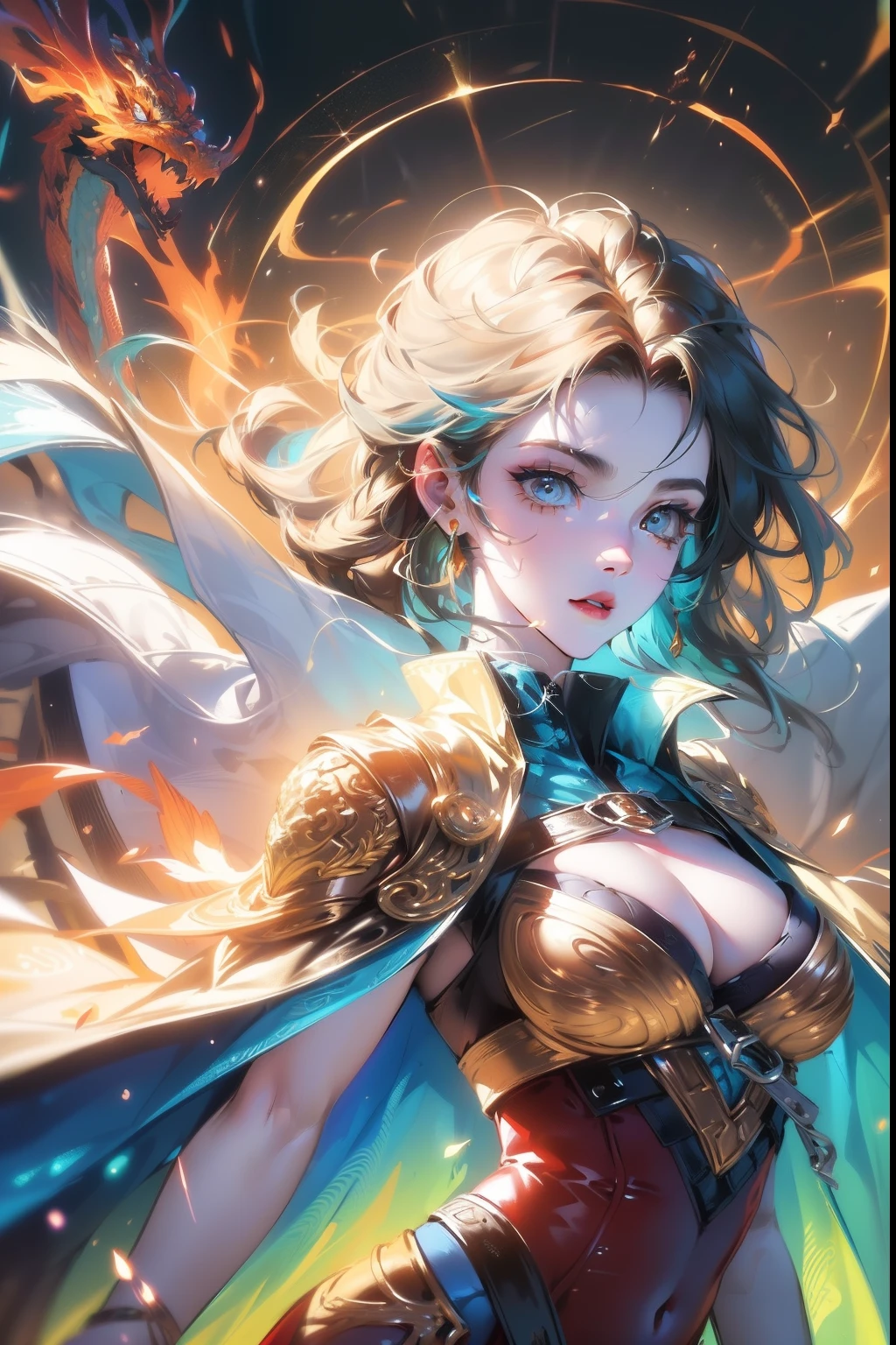 (masterpiece, top quality, best quality, official art, beautiful and aesthetic:1.2), (1girl), extreme detailed eyes, (fractal art:1.3), colorful, highest detailed, (perfect face), shiny skin, HDR, (white cloak golden lines:1.2), galaxy, (light streaks), striking visuals, (dynamic streaks, luminous trails:1.2), vibrant colors, (phoenix), (dragon)