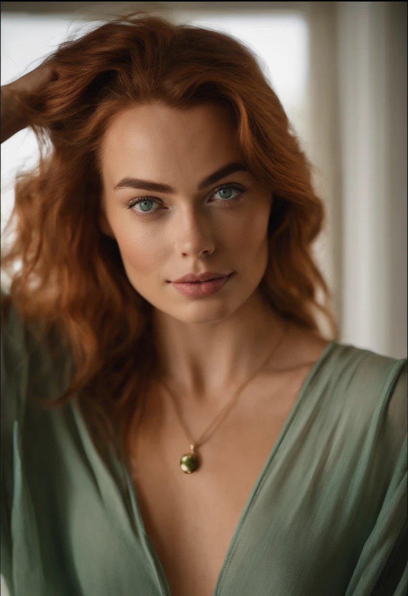 arafed woman without clothes and a necklace, sexy girl with green eyes, portrait margot robbie, red hair and large eyes, selfie of a young woman, bedroom eyes, violet myers, without makeup, natural makeup, looking directly at the camera, face with artgram, subtle makeup, stunning full body shot, piercing green eyes