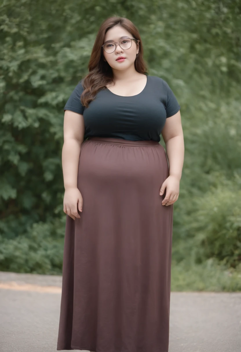 1 girl, obese body, big size, round face, double chin, overweight, fluffy upper lip hair, glasses, plain color t-shirt, long skirt, and comfortable sandals, holding her weight on her stomach and looking at the camera.