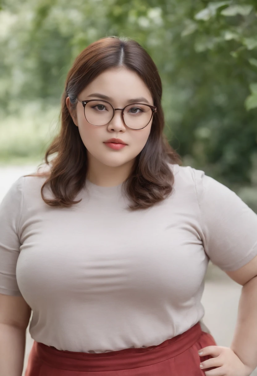 1 girl, obese body, big size, round face, double chin, overweight, fluffy upper lip hair, glasses, plain color t-shirt, long skirt, and comfortable sandals, holding her weight on her stomach and looking at the camera.