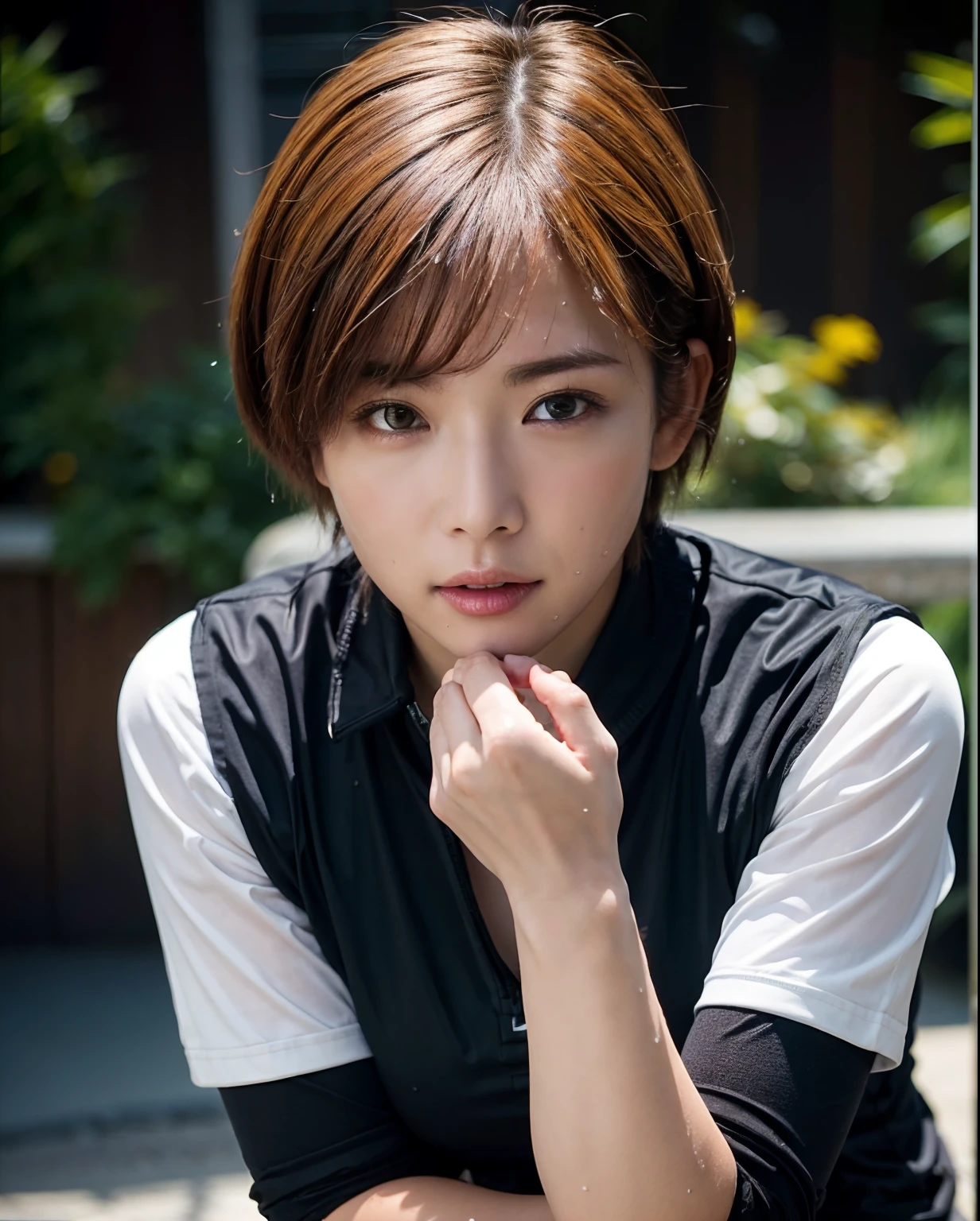 ((best quality, photorealistic, 8k, high res)), 1girl, (skindentation), (professional lighting), (portrait:0.6), (short hair:1), ((looking at viewer:1.5)), calves plump and muscular, Bending figure, Wet body:3.0, Very detailed skin texture, ((wet volley_uniform:1.3)), Dynamic Pose, (troubled face:0.75),(open mouth:1.2),pubic hair,