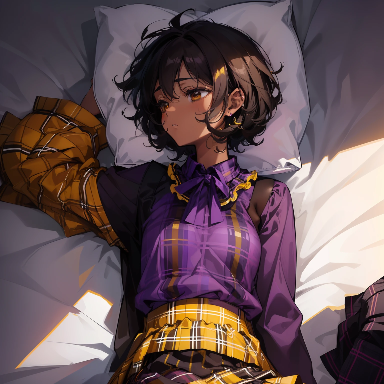 ((masterpiece)), ((best quality)), ((anime profile style)), ((very dark skin)), 18 year old girl, ((dark brown eyes)), ((perfect) ), eyebrow, nose, ear, mouth, sad expression, ((short curly hair)), neck strap, shoulders, arms, ((little purple blouse with yellow plaid skirt)), background lying on bed, sleeping, shadows on black skin, closed eyes.