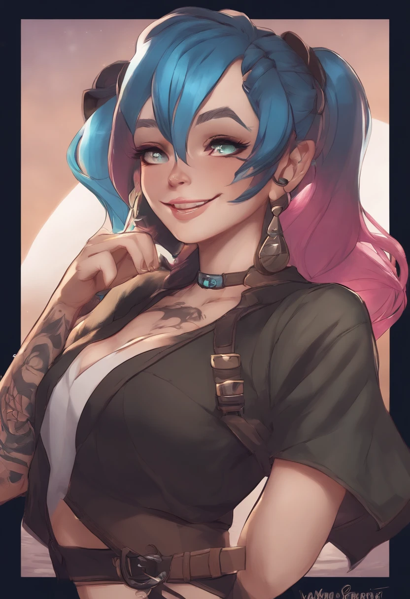 arcane style,

1girl, arm tattoo, asymmetrical bangs, bangs, blue hair, braid, brown shirt, cloud tattoo, looking at viewer, laughing, crazy, uncontrollable laugh, mad look, night, city, green hair, long hair, midriff, pink eyes, red lips, shirt, solo, standing, tattoo, twin braids, upper body, arcane jinx, jinx \(league of legends\)