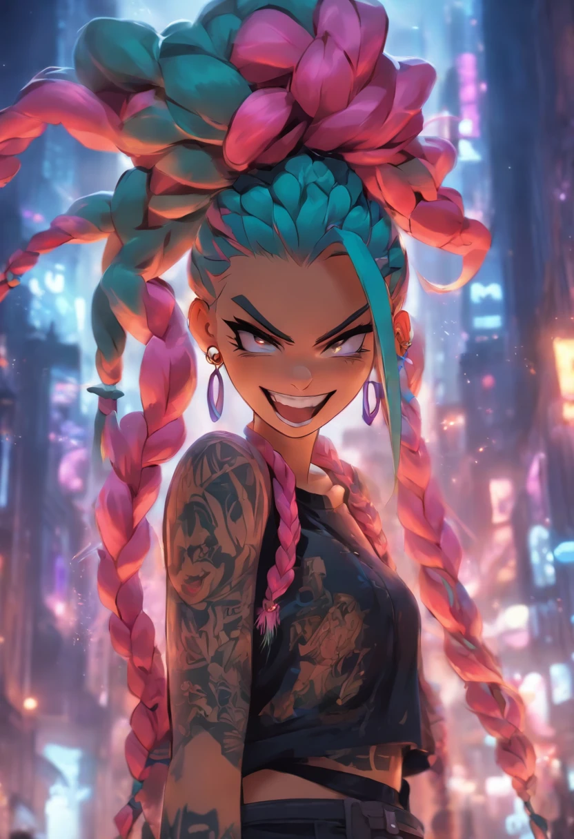arcane style,
1girl, arm tattoo, asymmetrical bangs, bangs, blue hair, braid, brown shirt, cloud tattoo, looking at viewer, laughing, crazy, uncontrollable laugh, mad look, night, city, green hair, long hair, midriff, pink eyes, red lips, shirt, solo, standing, tattoo, twin braids, upper body, arcane jinx, jinx \(league of legends\)
