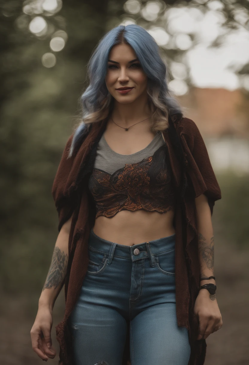 arcane style,
1girl, arm tattoo, asymmetrical bangs, bangs, blue hair, braid, brown shirt, cloud tattoo, looking at viewer, laughing, crazy, uncontrollable laugh, mad look, night, city, green hair, long hair, midriff, pink eyes, red lips, shirt, solo, standing, tattoo, twin braids, upper body, arcane jinx, jinx \(league of legends\)