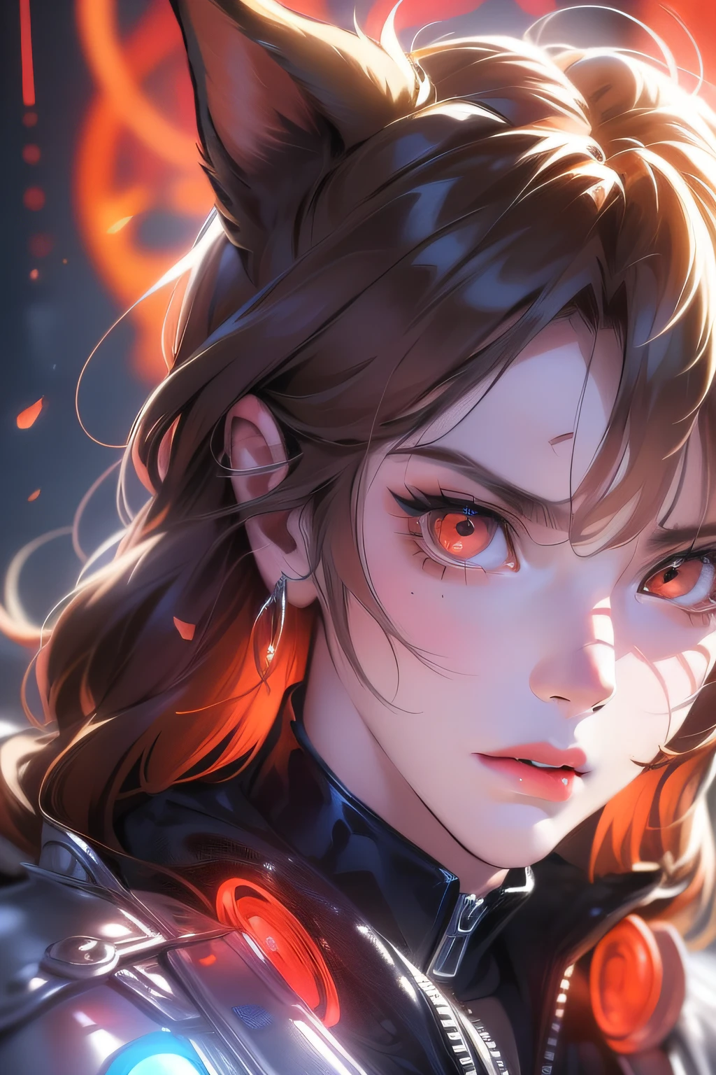 (Masterpiece), (Best quality), Realistic, Photorealism, 1girll, Beautiful girl, Perfect face, Perfect body, Sexy, Close-up portrait, (Red glowing eyes), Girl with fox ears, Angry, Armor, Cinematic light