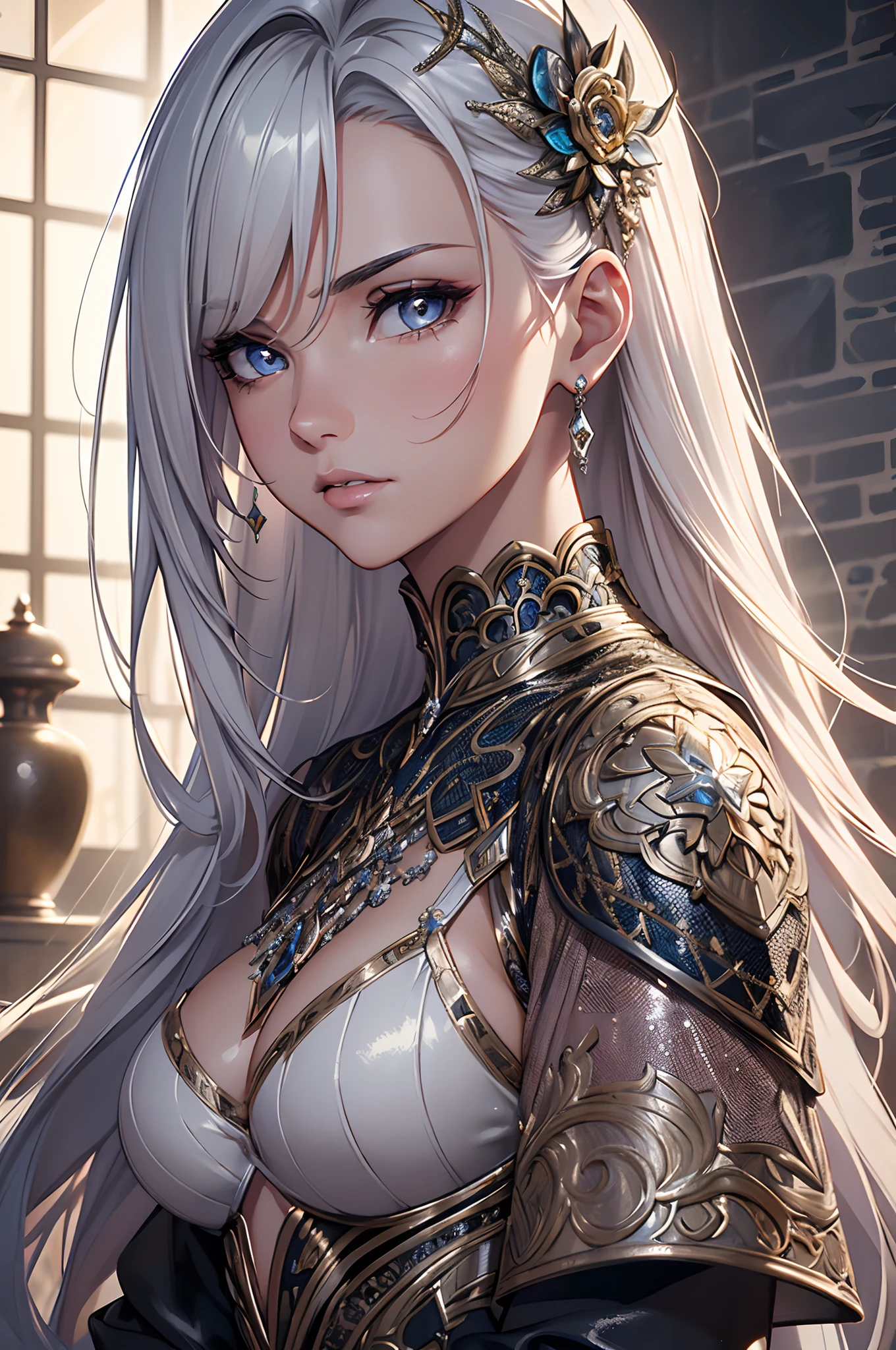 ceramic tile art , depicting protrait of a beautiful visually stunning brunet woman, intricate detailed silver glittering, intricate, elegant, highly detailed, concept art, smooth, sharp focus,hair platinum,((Best quality)), ((masterpiece)), (detailed:1.4),(aesthetic:1.2), (1girl), extreme detailed,colorful,highest detailed,epic (Sony A7, 50 mm, pores: 1.5, colors, hyperdetailed: 1.5, film grain: 1.4, hyper-realistic: 1.5), hyper-realistic texture, masterpiece, unreal engine 5, extremely detailed CG unit 8k wallpaper, Crazy Detailed Photo, Hyper-Realistic Light,lot of detail,superhero armor with extream detailed,small breasts,life size