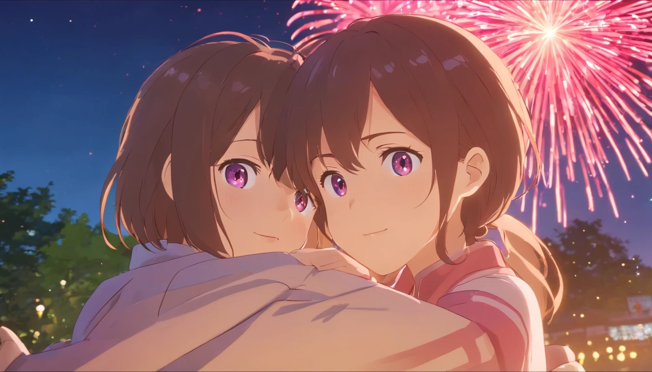 the night,In pink,Fireworks all over the sky,Heart-shaped bubbles,Children's couples,Cartoony,Chubby little girl and little boy hugging each other,Glowing fireflies around,,Cute and cute,KIDS ILLUSTRATION,Glow effects,Dingdall effect,depth of fields,high light,Real light,Ray traching,oc rendered,Hyper-realistic,best qualtiy,8K,Works of masters,super-fine,Detailed pubic hair,Correct anatomy,sharp focus on eyes,Bokeh,Facial features are carefully depicted