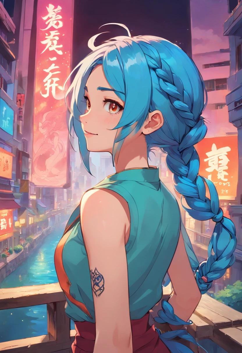 arcane style,

1girl, arm tattoo, asymmetrical bangs, bangs, blue hair, braid, brown shirt, cloud tattoo, looking at viewer, laughing, crazy, uncontrollable laugh, mad look, night, city, green hair, long hair, midriff, pink eyes, red lips, shirt, solo, standing, tattoo, twin braids, upper body, arcane jinx, jinx \(league of legends\)