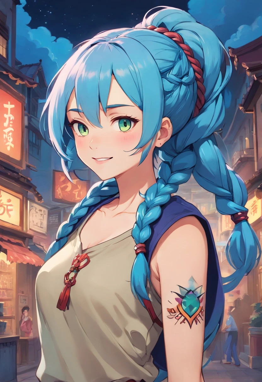 arcane style,
1girl, arm tattoo, asymmetrical bangs, bangs, blue hair, braid, brown shirt, cloud tattoo, looking at viewer, laughing, crazy, uncontrollable laugh, mad look, night, city, green hair, long hair, midriff, pink eyes, red lips, shirt, solo, standing, tattoo, twin braids, upper body, arcane jinx, jinx \(league of legends\)