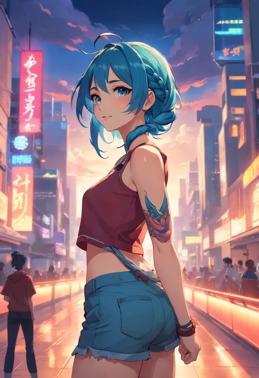 arcane style,

1girl, arm tattoo, asymmetrical bangs, bangs, blue hair, braid, brown shirt, cloud tattoo, looking at viewer, laughing, crazy, uncontrollable laugh, mad look, night, city, green hair, long hair, midriff, pink eyes, red lips, shirt, solo, standing, tattoo, twin braids, upper body, arcane jinx, jinx \(league of legends\)
