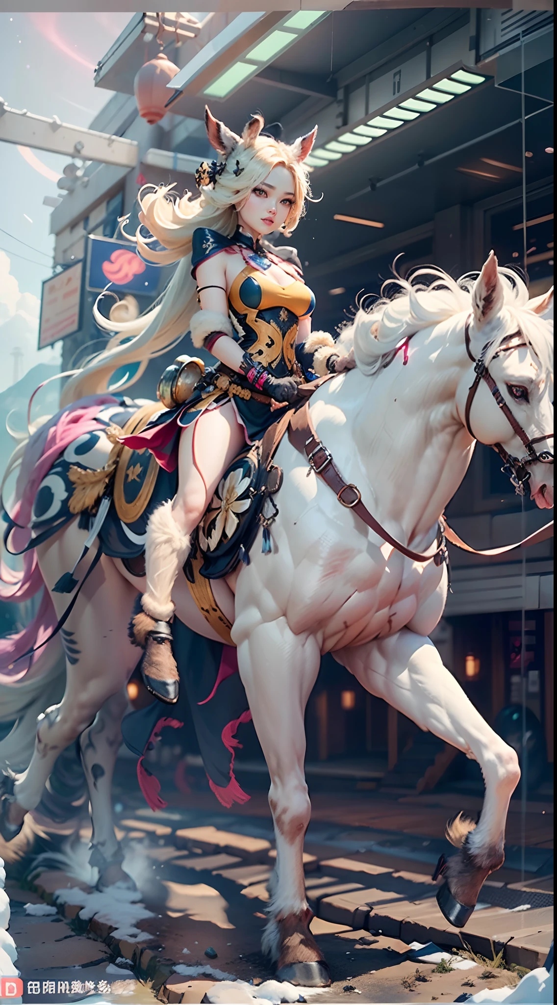 In a very grand scene，The extra-large wide-angle lens captures the appearance of a female centaur。She is tall，It has the ultimate curvy beauty，The muscles are slender and firm，Beautiful lines。Her facial features are tough and coquettish，Always with a sunny smile。She wears special tight-fitting equipment with a strong sense of technology，Step on multifunctional off-road style heels，Delicate and practical protective gear is worn on the hands, feet, wrists, neck and shoulders。The detection equipment around you flashes various cue lights and neon-like information screens，Let her exude a charming brilliance。Use Midjourney's advanced tools，Design special tight-fitting equipment for female centaurs，Highlight her unique physiological characteristics and appearance details，Add realism。And in her adventure scene，Spectacular views of nature，Such as the sky where storms and sunny days alternate、Brilliant rivers of stars and auroras、The snow-capped summit of Mount Everest、Fireworks in the mountain town, etc。ao mesmo tempo，Away from the hustle and bustle of Long Beach Pier is a neon-lit spaceship docked，Create a fantastic scene。Use Midjourney's advanced tools and multiple color palettes、Brush Strokes、Texture tools and model packages，It shows a sense of atmosphere where beauty and charm coexist。The charm of the female centaur is highlighted through color and lines，Enhance realism with detailing，Create a surreal dreamy feeling。Additionally，Use Midjourney's tools to add a variety of extreme sports gear and cultural trinkets to the female centaur，Create intricate hairstyles and outfits，Give her a sense of premium。She never flinches，Regardless of the terrain，can respond quickly，Even the extreme geography and dangerous terrain of aliens cannot stop her。Use Midjourney's powerful tools，You can do it with incredible detail and beauty，Bring this ultra-grand and beautiful scene to life。Ultra-grand scenes，super wide shot， hdr，（真实感，Masterpiece quality，best qualtiy），