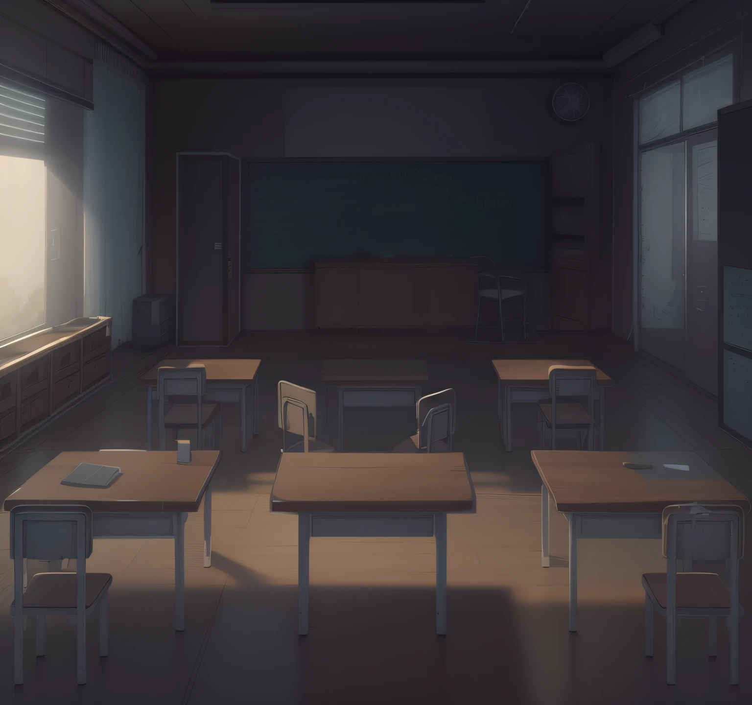 There is a drawing of a classroom with a blackboard and a desk, Classroom Background, highschool background, interior background art, arte de fundo, creepy backgrounds, School Classroom, background artwork, random background scene, Horror environment, 2D movies, Anime background art, Classroom, cartoon moody scene, horrific background, typical anime classroom, eerie art style, detailed school background（the night）