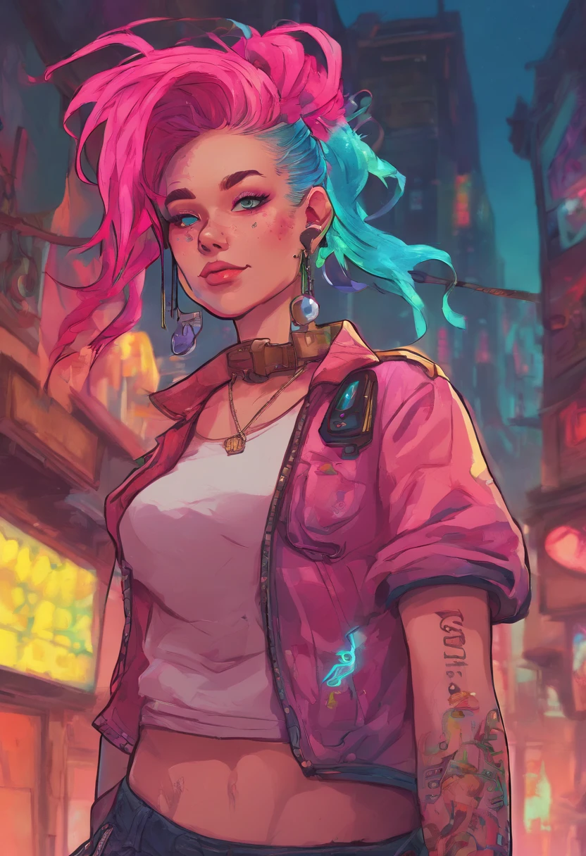 arcane style,

1girl, arm tattoo, asymmetrical bangs, bangs, blue hair, braid, brown shirt, cloud tattoo, looking at viewer, laughing, crazy, uncontrollable laugh, mad look, night, city, green hair, long hair, midriff, pink eyes, red lips, shirt, solo, standing, tattoo, twin braids, upper body, arcane jinx, jinx \(league of legends\)