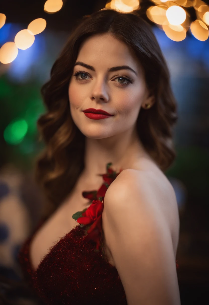 emma stone, black_Hair, Blurry, Blurry_Background, Blurry_foreground, Bokeh, Breasts, brown_Eyes, Button_the gap, macaron, Christmas_tree, cleavage, collared_shirt, cosplay_Photo, Depth_af_Field, Large_Breasts, Lips,