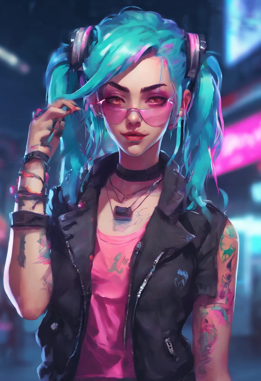 arcane style,

1girl, arm tattoo, asymmetrical bangs, bangs, blue hair, braid, brown shirt, cloud tattoo, looking at viewer, laughing, crazy, uncontrollable laugh, mad look, night, city, green hair, long hair, midriff, pink eyes, red lips, shirt, solo, standing, tattoo, twin braids, upper body, arcane jinx, jinx \(league of legends\)