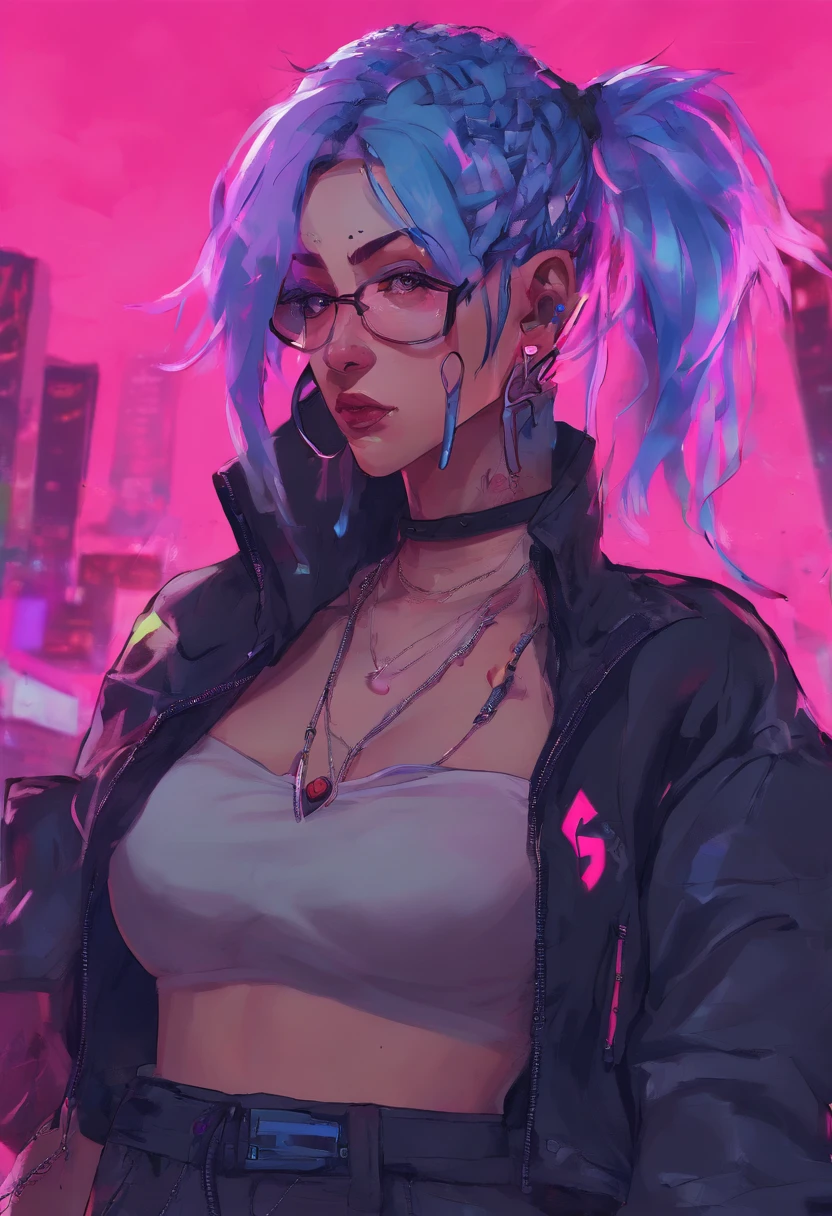 arcane style,

1girl, arm tattoo, asymmetrical bangs, bangs, blue hair, braid, brown shirt, cloud tattoo, looking at viewer, laughing, crazy, uncontrollable laugh, mad look, night, city, green hair, long hair, midriff, pink eyes, red lips, shirt, solo, standing, tattoo, twin braids, upper body, arcane jinx, jinx \(league of legends\)