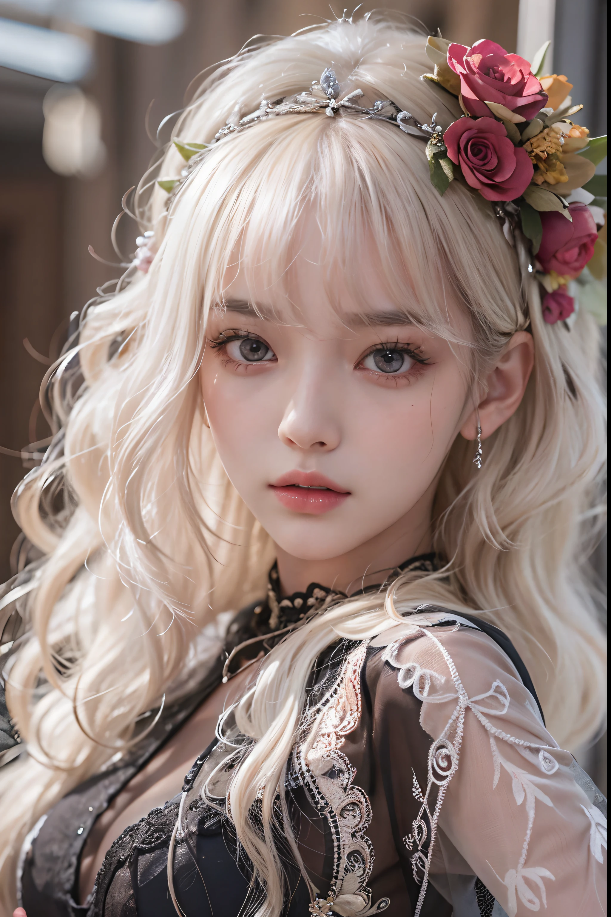 (Best Quality Detail)、realisitic、8K UHD、hight resolution、(1girl in:1.2)、The ultra-detailliert、High quality textures、intricate detailes、detaileds、Very detailed CG、High quality shadows、Detail Beautiful delicate face、Detail Beautiful delicate eyes、depth of fields、Ray traching、in her 20s、Pretty Kpop Girl、(Korean Urzan Face)、Slender face、(ulzzang -6500-v1.1:0.6)、pureerosface_v1、gloweyes、perfectbody、 look at viewr、(Best Quality Detail:1.2)、realisitic、8K UHD、hight resolution、(1girl in:1.2)、The ultra-detailliert、High quality textures、intricate detailes、detaileds、Very detailed CG、High quality shadows、Detail Beautiful delicate face、Detail Beautiful delicate eyes、depth of fields、Ray traching、in her 20s、Pretty Kpop Girl、(Korean Urzan Face)、Slender face、(ulzzang -6500-v1.1:0.6)、teak、Glossy lips、、high-level image quality, The highest image quality, top-quality, Photorealsitic, ultra-detailliert, photos realistic, 4K 8K UHD Full Color RAW Photos, Fuji Film(Medium format), Hasselblad, Carl zeiss, Incredible dynamic range photography(UTIL_Art by Smoose-768:1.1),hight resolution, High pixel count, clear details, crisp image, Natural color reproduction, Noise Reduction, High fidelity, qulity, Software Improvements, Upscaling, Optimized algorithms, Pro-level retouching, ((beautiful hair decoration))、(Jewelry Accessories)、(Eye color Brown)、((White hair)), (White long hair)、(Layered Hair Style), Description beautiful delicate hair、(gothic lorita)、(RED dress)、((Flowers bloom all over the wall))、