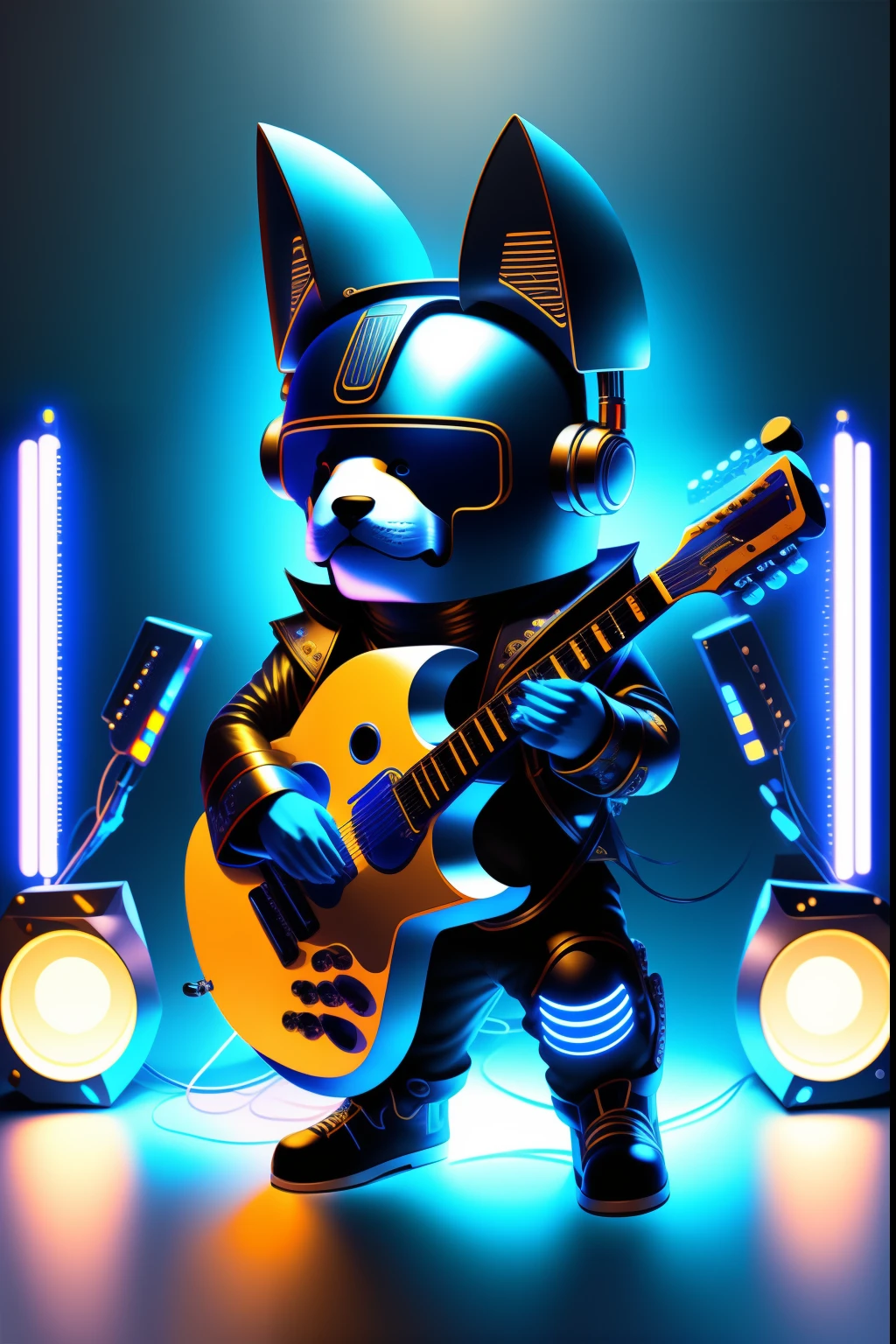 tmasterpiece,best qualityer,Futuristic tech style,Dog-headed man,Rock music,DJ,are standing,guitar,frenzied,Machinary,Technologie,Emits blue light