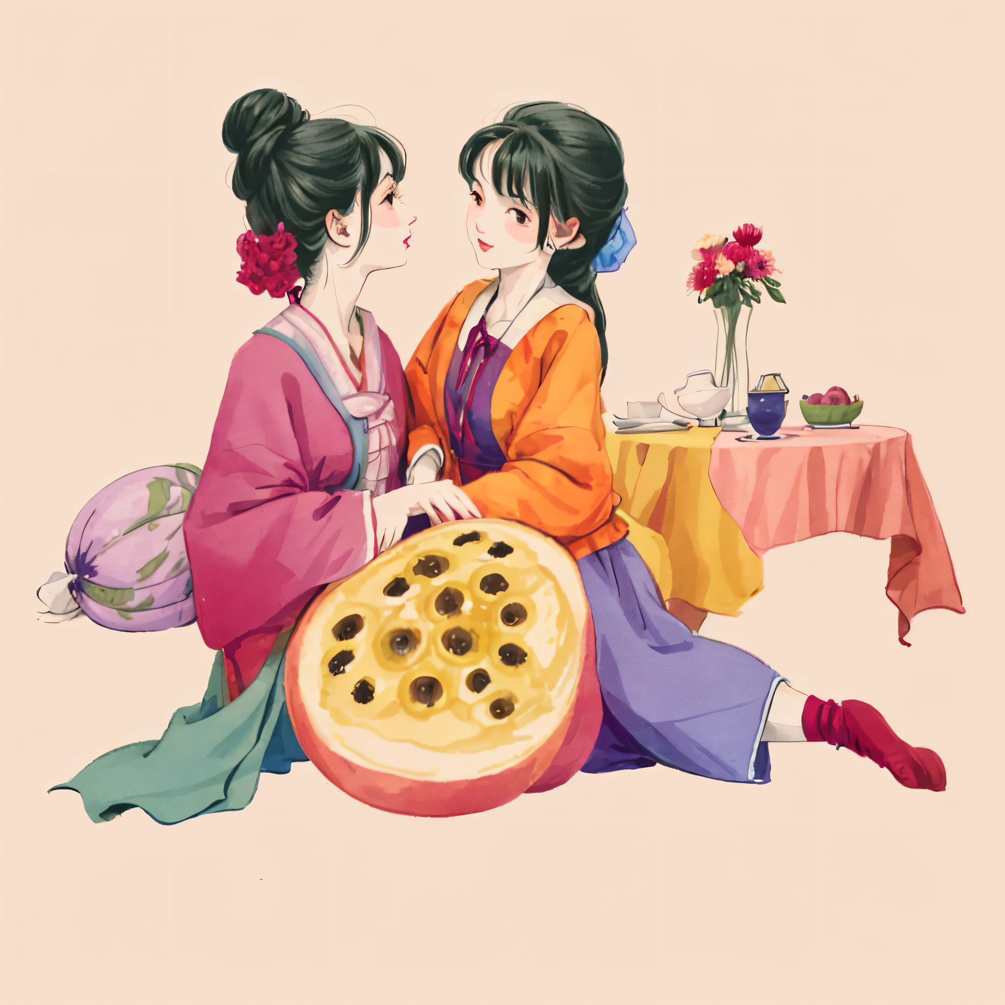 Two women leaning on passion fruit，All in period costumes， A beautiful artwork illustration, in style of digital illustration, Colorful illustrations, Colorful illustration, Flat illustration, editorial illustration colorful, digital art illustration, full-colour illustration, Illustration style, Digital illustratio -, #illustration, illustratio, Amazing food illustration, Illustration art, Poster illustration, illustration”