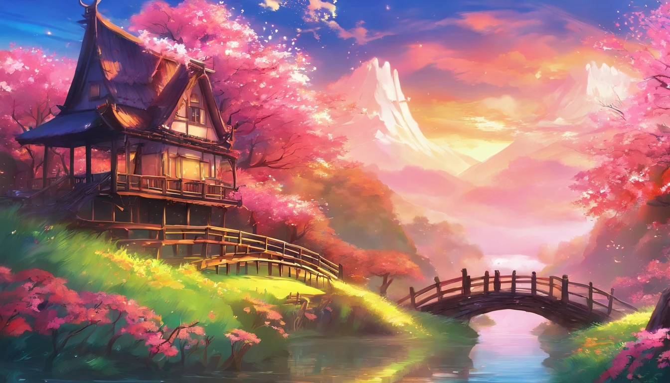 anime scenery of a small house with a bridge over a stream, vivid colours, sakura flowers, anime background art, anime countryside landscape, beautiful anime scenery, anime background, anime landscape wallpaper, anime scenery concept art, anime landscape, anime scenery, anime beautiful peace scene, background artwork, beautiful anime scene, scenery artwork, anime nature wallpap, anime art wallpaper 8 k, anime art wallpaper 4 k