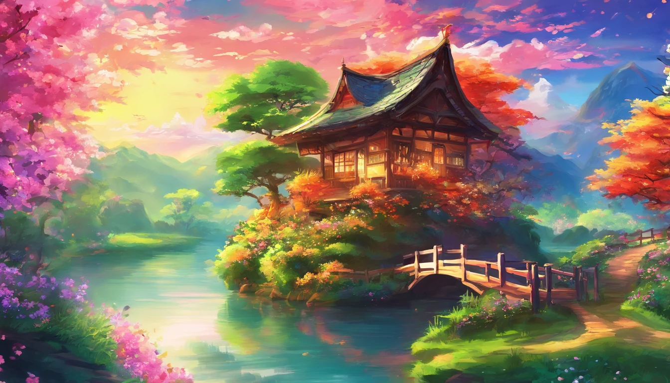 anime scenery of a small house with a bridge over a stream, vivid colours, sakura flowers, anime background art, anime countryside landscape, beautiful anime scenery, anime background, anime landscape wallpaper, anime scenery concept art, anime landscape, anime scenery, anime beautiful peace scene, background artwork, beautiful anime scene, scenery artwork, anime nature wallpap, anime art wallpaper 8 k, anime art wallpaper 4 k