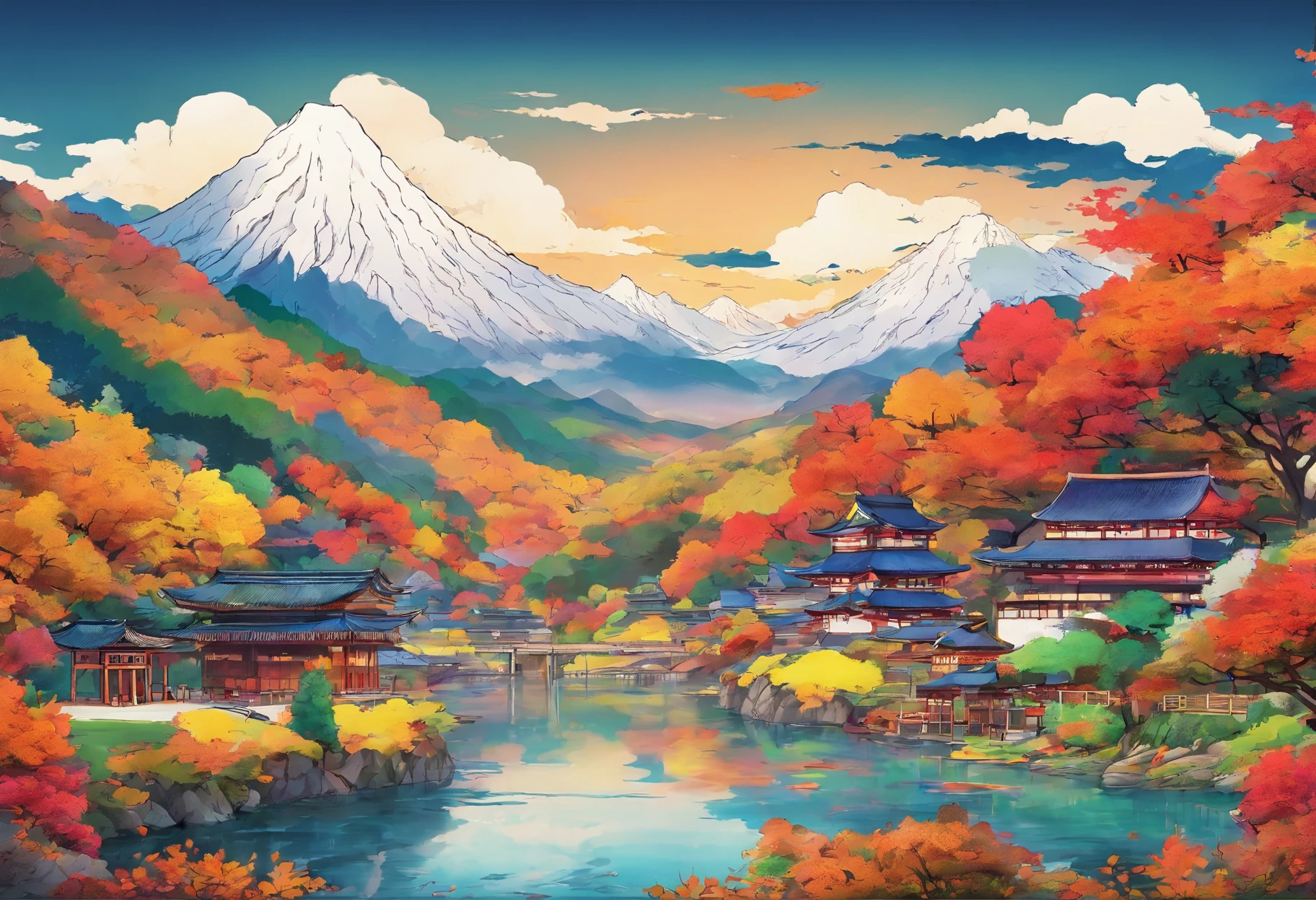 (Masterpiece),4k,8k,Colorful vast mountains in autumn々Looks、You can see the colors of autumn in the village、Draw from a distant camera angle、