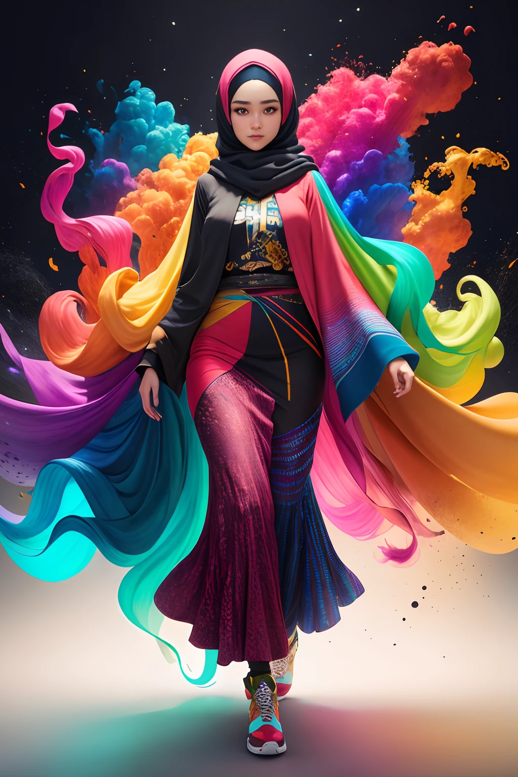 (full body:1.2), (Smokexxx:1.4), 1 malay girl in hijab with really wild hair, (multicolored wavy hijab:1.2), ( Long hijab:1.2), (long wild hair:1.2), (multicolored hijab:1.9 ), wearing a long skirt, high contrast, Epic cinematic, soft studio lights, rim light, Absurd, Amazing, Funny, itricated, hyper detailed, ultra realistic, soft colors, 8k