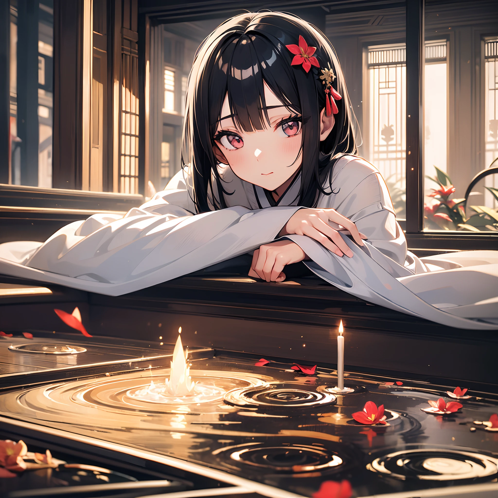 (female solo:1.5),Kimono、full body Esbian、Under the Great Tree、(masutepiece, side lights, Beautiful gray eyes，Attention to detail: 1.2), masutepiece, Realistic, Glowing eyes,Shiny hair,Black Short Bob、Glossy glossy skin, Solo, embarrassed from,Exquisite,prettify,,flying petal,Fantastical、A sexy、Cute、