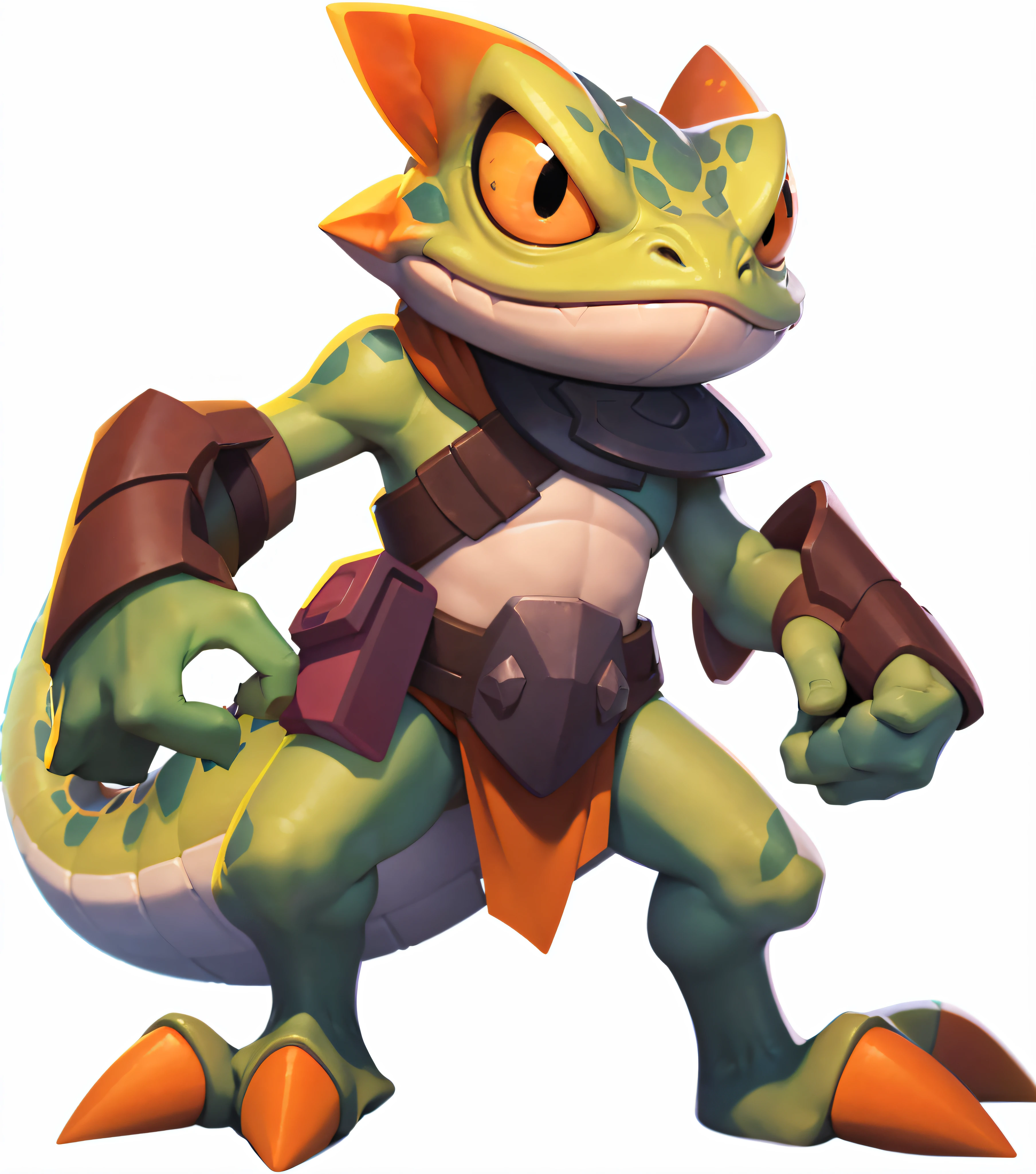European and American cartoon style，clash of clans style，a close up of a cartoon character with a gun, murloc tinyfin, lizardfolk, lizardman art, lizardfolk, Lizardman thief, anthro gecko, style of duelyst, goblin, Little ghost, with scaly-looking armor, Expert Shading, merged character, Leprechaun, Varguyart style, as a badass monster hunter
