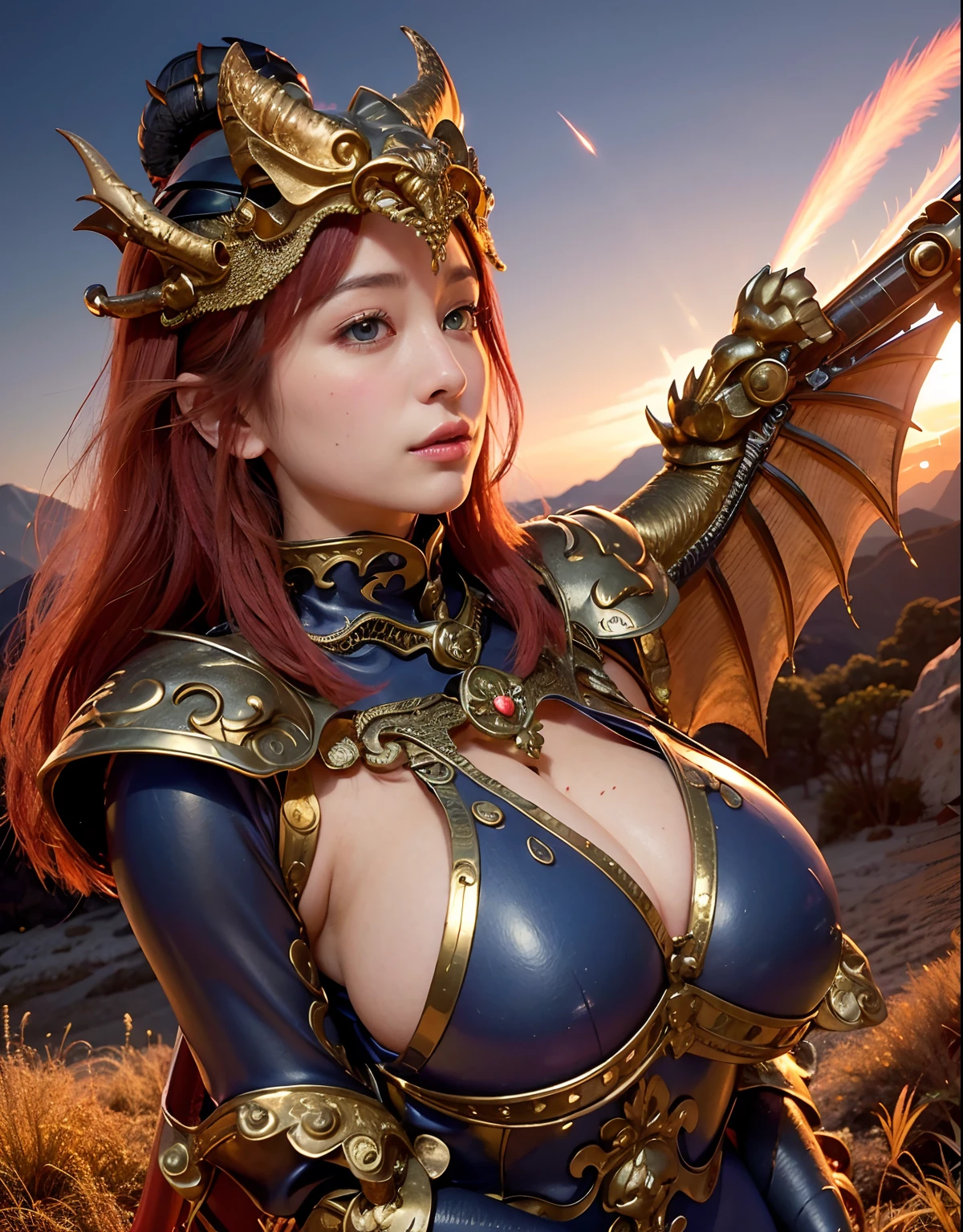 Professional , masterpiece、top-quality、photos realistic , depth of fields 、(Dragon Blue Metal Body:1.3),(Enamel purple、Black world、Night World、a moon、(cleavage of the breast)、Mystical expression、Dragon Gold Weapon、(Red Micro Bikini Armor:1.2),Gorgeous gold weapons ,Particles of light、(( Dragon's dense and gorgeous sword)) , (demonic wings)、((a blond))、(Castle background)、((Gangle's forest background))、((Fight dragons))、Beautiful Caucasian beauty、1a person、dynamic ungle,(((Detailed and ornate dragon helmet)))、Smaller head、A smile、Castle background、Thin and beautiful female hands、cleavage of the breast、Soldier in iron armor on background、Mystical expression、Light Effects、intense fighting、Wind-effect、magic circles、With the legendary magic wand、Dragon's tail、explosions、Anatomically correct body、