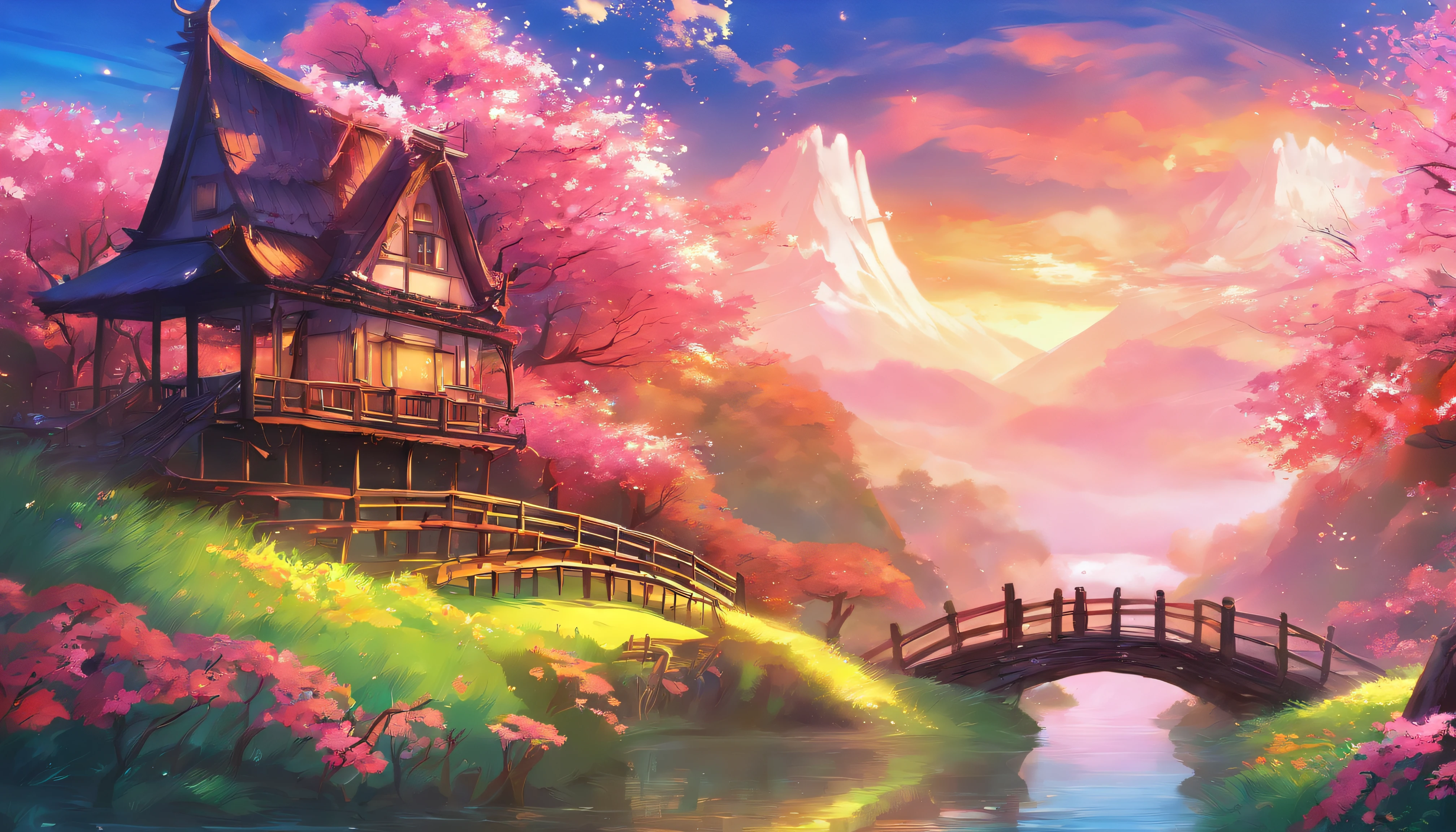 anime scenery of a small house with a bridge over a stream, vivid colours, sakura flowers, anime background art, anime countryside landscape, beautiful anime scenery, anime background, anime landscape wallpaper, anime scenery concept art, anime landscape, anime scenery, anime beautiful peace scene, background artwork, beautiful anime scene, scenery artwork, anime nature wallpap, anime art wallpaper 8 k, anime art wallpaper 4 k