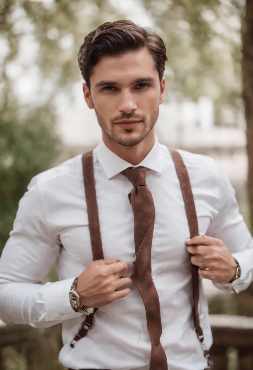 Hombre con camisa, corbata y tirantes, elegante, listo para una boda