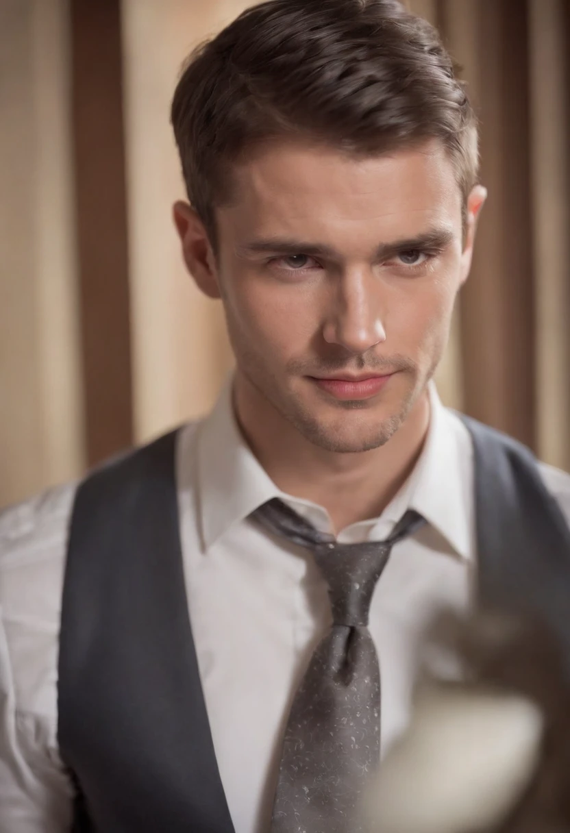 Hombre con camisa, corbata y tirantes, elegante, listo para una boda