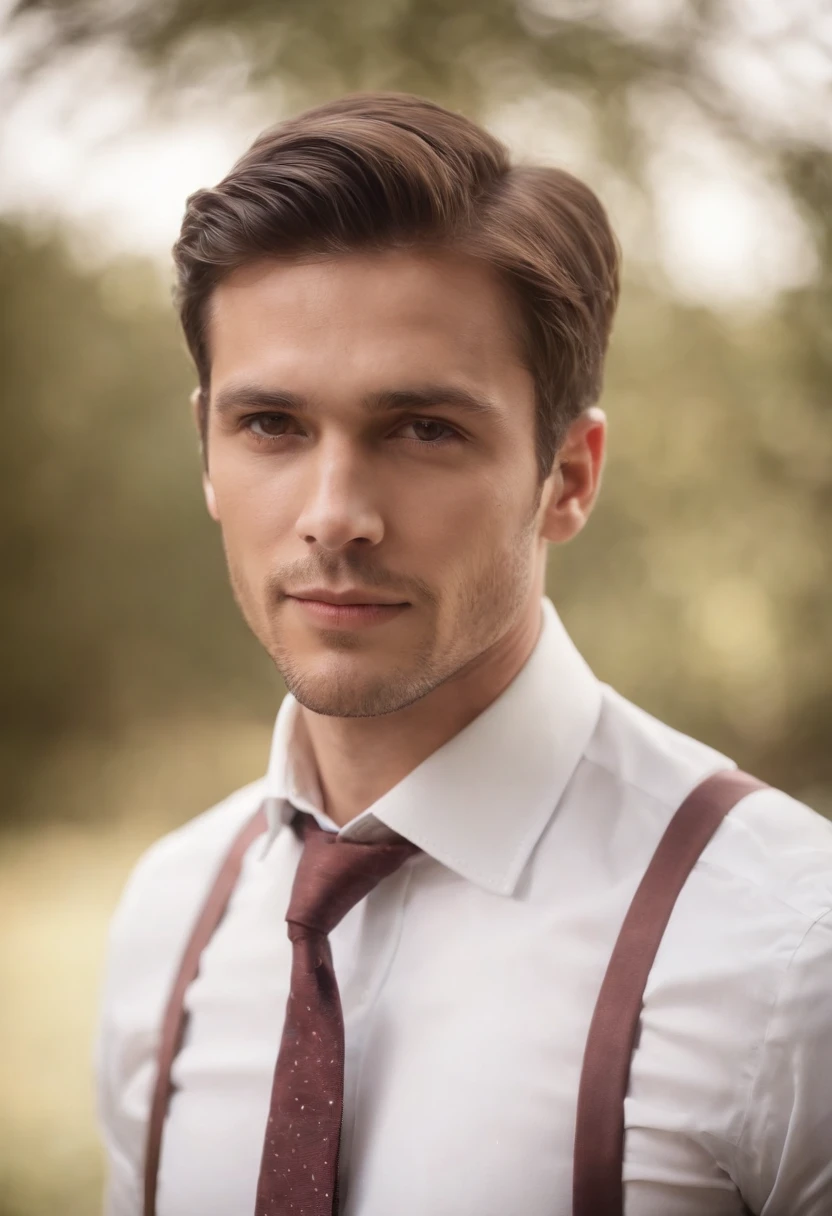 Hombre con camisa, corbata y tirantes, elegante, listo para una boda