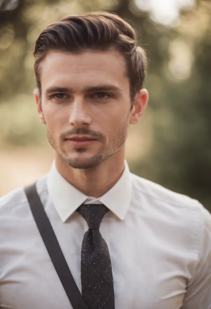 Hombre con camisa, corbata y tirantes, elegante, listo para una boda