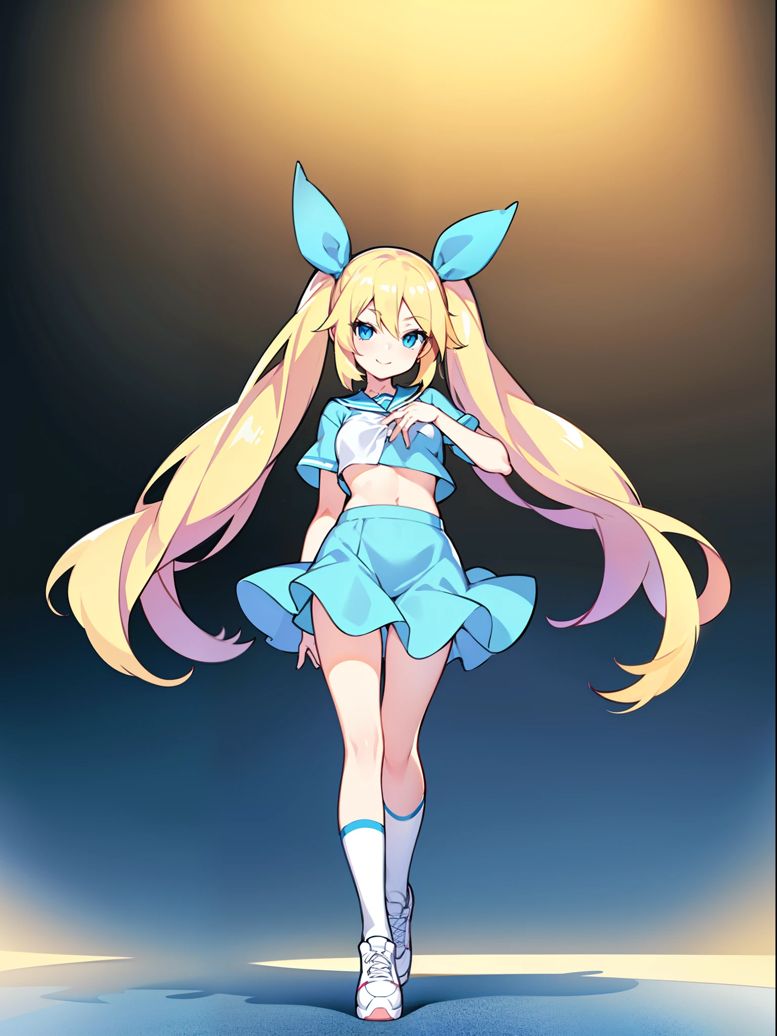Anime girl with long blonde hair and sky blue top, blonde anime girl with long hair, Lush Twintails, Long Hair Anime Girl, anime moe artstyle, oc commission, twintails, small curvy loli (Large elastic natural breasts), (anime girl), ecchi anime style (21+), digital art on pixiv, high quality anime artstyle, very extremely beautiful, Energetic, cheerful, Slender, showy, Sexy, big blue eyes, long eyelashes, An open look, Cute long-legged blonde 17 years old; Wide joyful smile; Large elastic natural breasts; The Hidden Exhibitionist, Always without underwear; An open look, A big smile, laughter, Happy, Sparkle in the eyes, pre-orgasmic state; very depraved Ballet swimsuit, Dance, ballet steps, Mesmerizing movements, Pirouettes, happening; full-length photo, Anatomically realistic, As much detail as possible, high quality textures