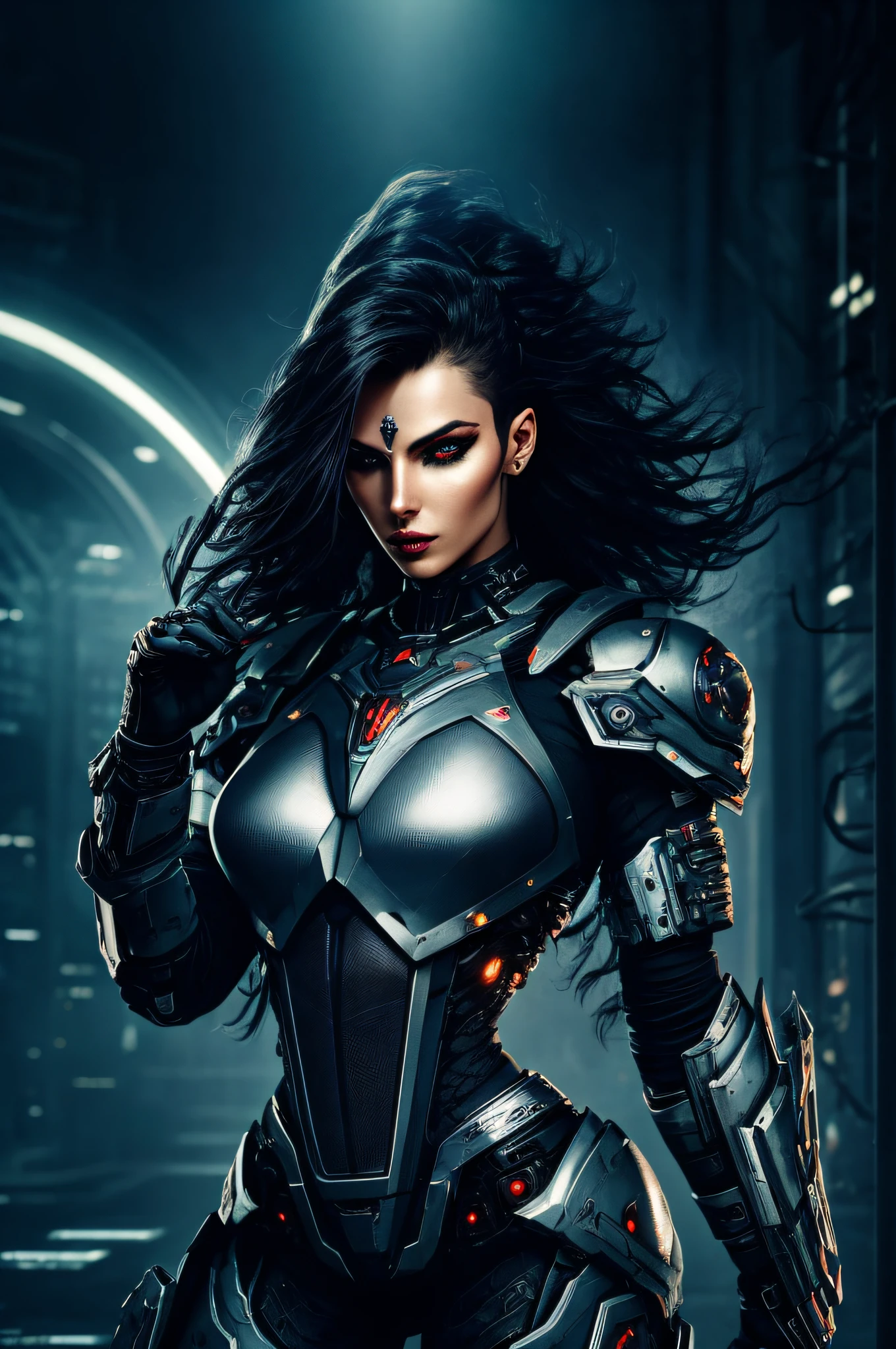 a beautiful woman cyborg warrior in the Style-RustMagic, cyberpunk augmentation, cyberware, cyborg, carbon fiber, chrome, implants, metal skull, cyber plate armor, (dark atmosphere:1.2), (fog & smoke), (dark night:1.3), scars, (dark medium length disheveled hair:1.1), (eyeshadow:1.1), (beautifully detailed glow:1.2), (Cinematic lighting), intricate detail, highres, rounded eyes, detailed facial features, sharp focus, smooth, aesthetic, detailed dark industrial factory background, stylish pose, dynamic pose, (dramapaint), (opt-6000:0.9)