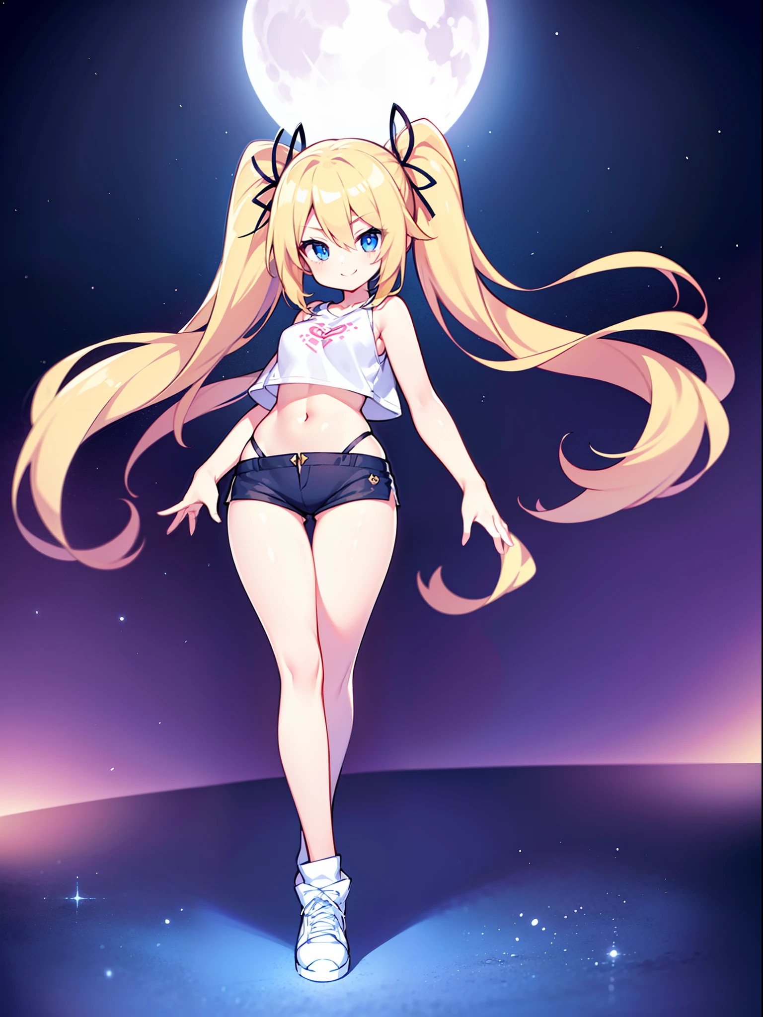 Anime girl with long blonde hair and white top walking in front of full moon, blonde anime girl with long hair, twintails, Long Hair Anime Girl, anime moe artstyle, oc commission, twintails, small curvy loli, (anime girl), ecchi anime style, digital art on pixiv, high quality anime artstyle, very extremely beautiful, Energetic, cheerful, Slender, showy, Sexy, blue-eyed, cute long-legged smiling blonde , with long, lush, Shiny hair, tied with two long tails; with large, rounded, appetizing, Elastic natural breasts;; The Hidden Exhibitionist, Always without underwear; An open look, A big smile; in a T-shirt, shortened to the bottom of the chest, in depraved ultra-short shorts, in long socks and white sneakers, full-length photo, Anatomically realistic, As much detail as possible, high quality textures