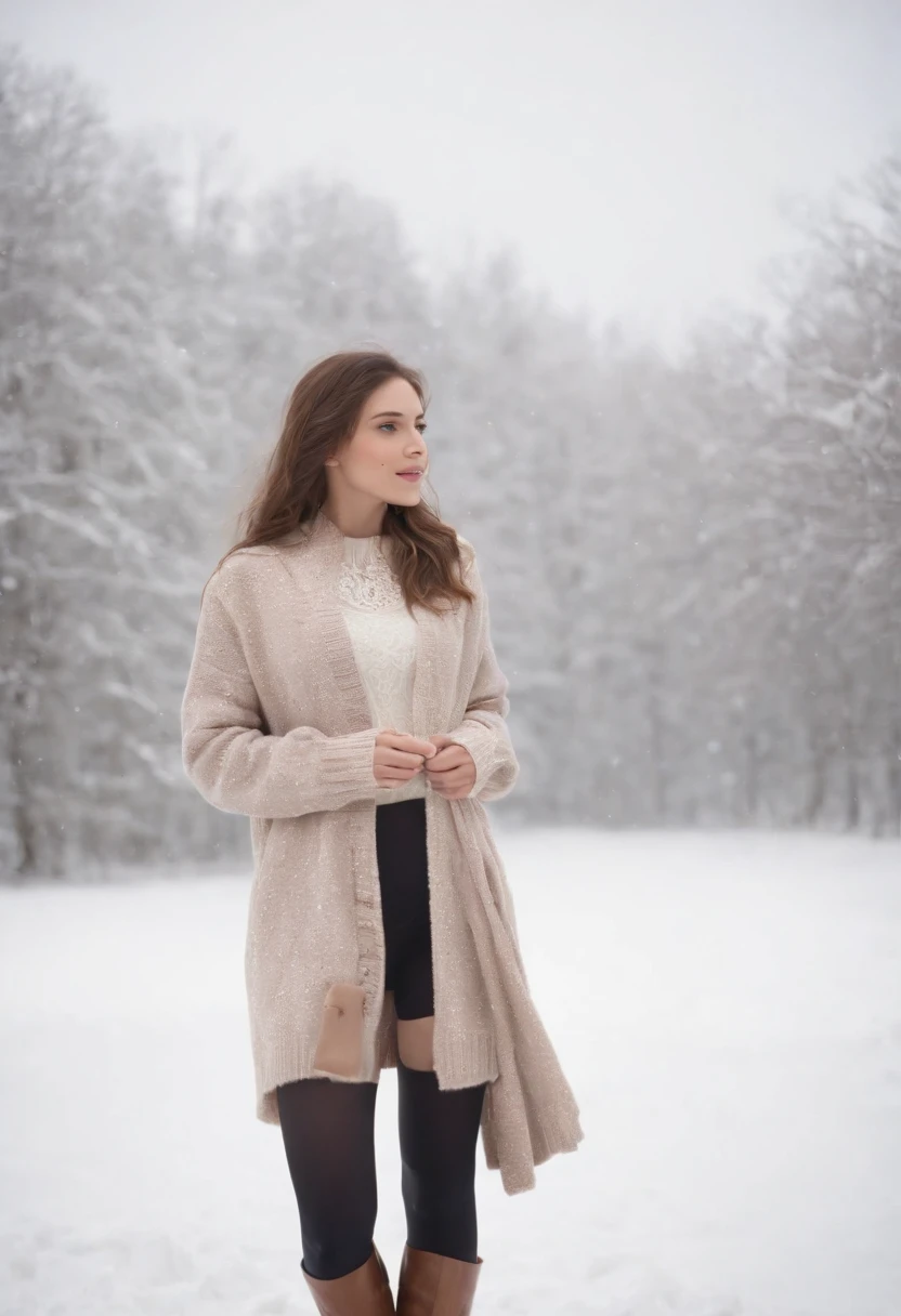 Best quality,Highly detailed,Masterpiece,Ultra-detailed,Bare with thighs,Winters，snow landscape，Beautiful  girl，lacepantyhose，Random color，long sweater，围巾，depth of fields，Real light，Ray traching，OC renderer，UE5 renderer，Hyper-realistic，best qualtiy，8K，Works of masters，super-fine，Detailed pubic hair，Correct anatomy, full bodyesbian