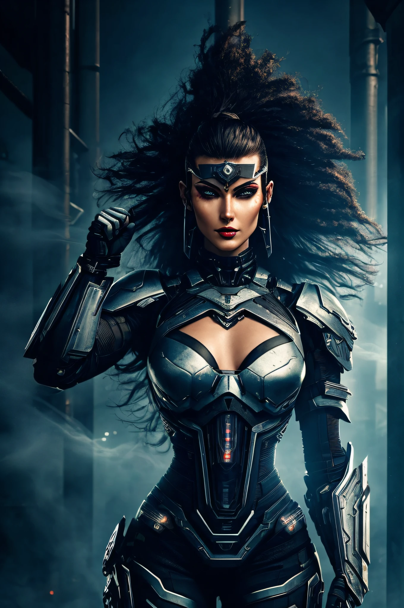a beautiful woman cyborg warrior in the Style-RustMagic, cyberpunk augmentation, cyberware, cyborg, carbon fiber, chrome, implants, metal skull, cyber plate armor, (dark atmosphere:1.2), (fog & smoke), (dark night:1.3), scars, (dark medium length disheveled hair:1.1), (eyeshadow:1.1), (beautifully detailed glow:1.2), (Cinematic lighting), intricate detail, highres, rounded eyes, detailed facial features, sharp focus, smooth, aesthetic, detailed dark industrial factory background, stylish pose, dynamic pose, (dramapaint), (opt-6000:0.9)