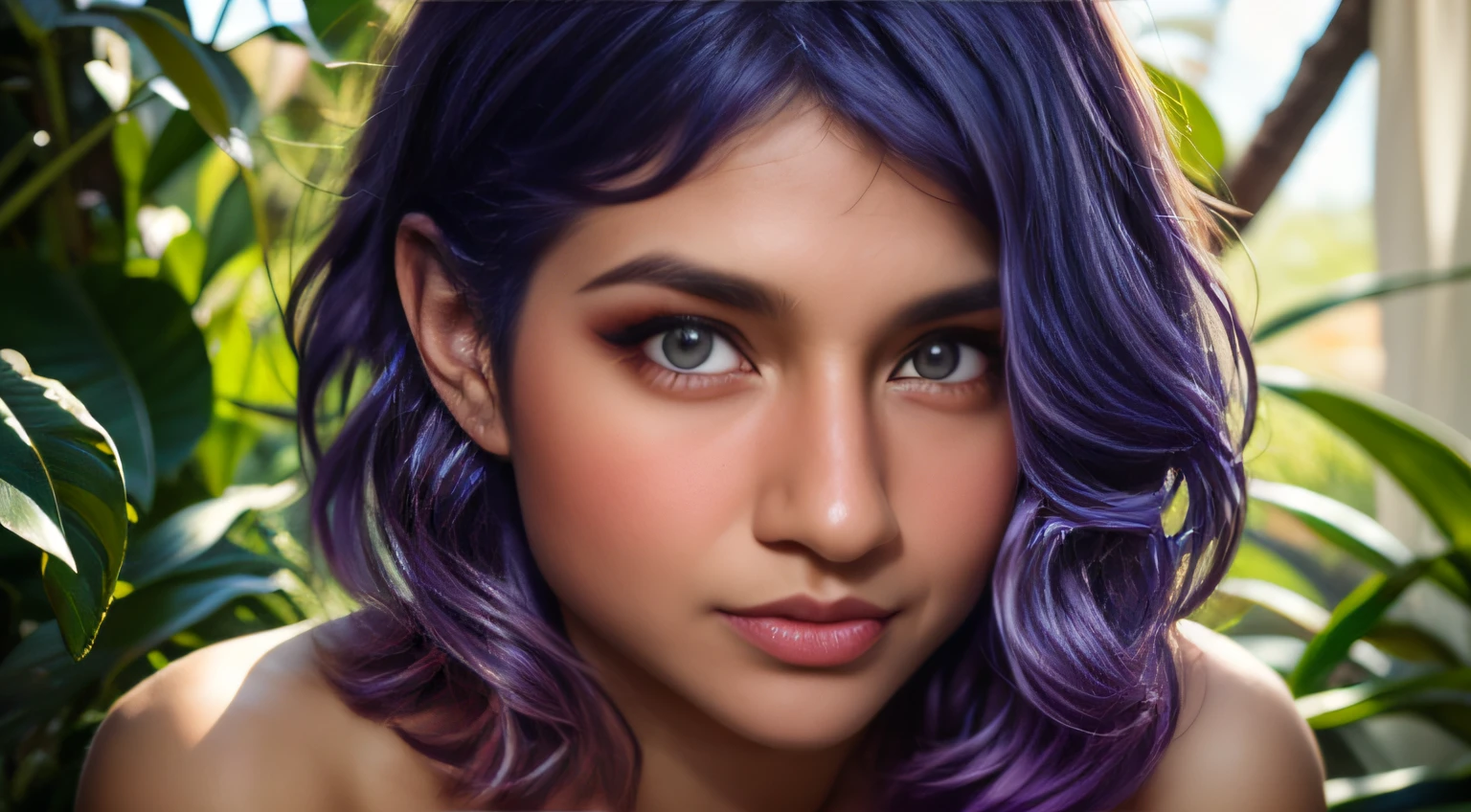 RAW Photo, photography, photorealistic, Analog, Award Winning Photograph, fashion photography portrait of blue haired human, in blue lush jungle with flowers and birds, symetrical, 35mm, bokeh, 9:16, (intricate details:1.12), hdr, (intricate details, hyperdetailed:1.15), (natural skin texture, photorealism, soft light, sharp:1.2)