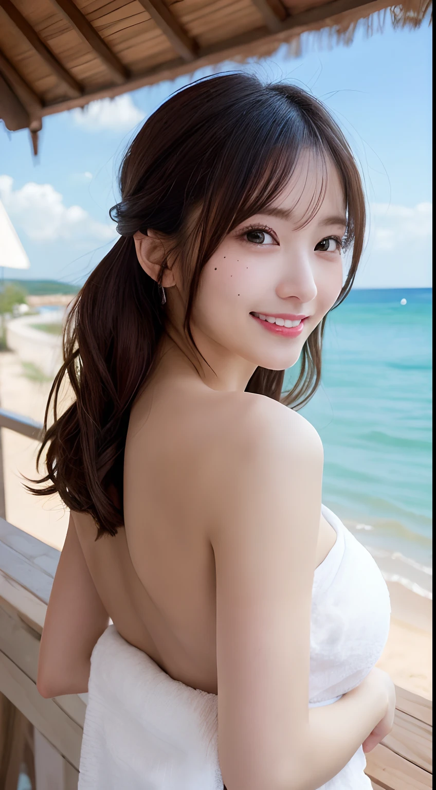 (masterpiece:1.2,highest quality),blur the background,1 High school girl,((nude)),(Ｅcup boobs),brown hair,(take a pose),detailed and beautiful eyes,blushing face,healthy skin,looking at the viewer,smile,(beach),8K resolution