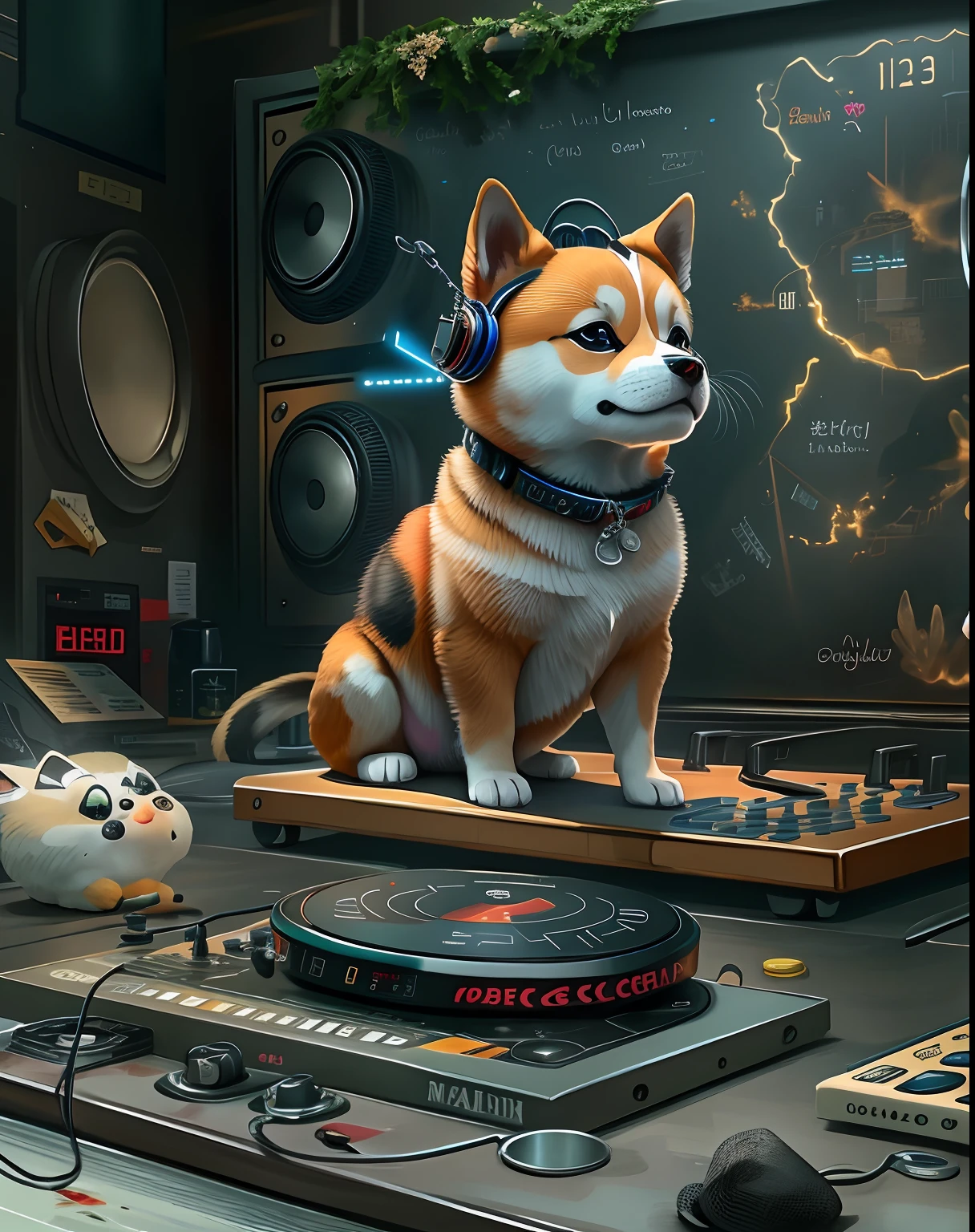 (Best image quality)、(Top masterpieces created by cute creatures:1.2),( Shiba Inu in the zodiac,with headphones on,Listen to the music,in a jump,Rock puppy,rock music,DJ:1.5)high detal,(Very detailed CG unity 8K wallpaper),sharp fokus,dramatics,Realistic painting art