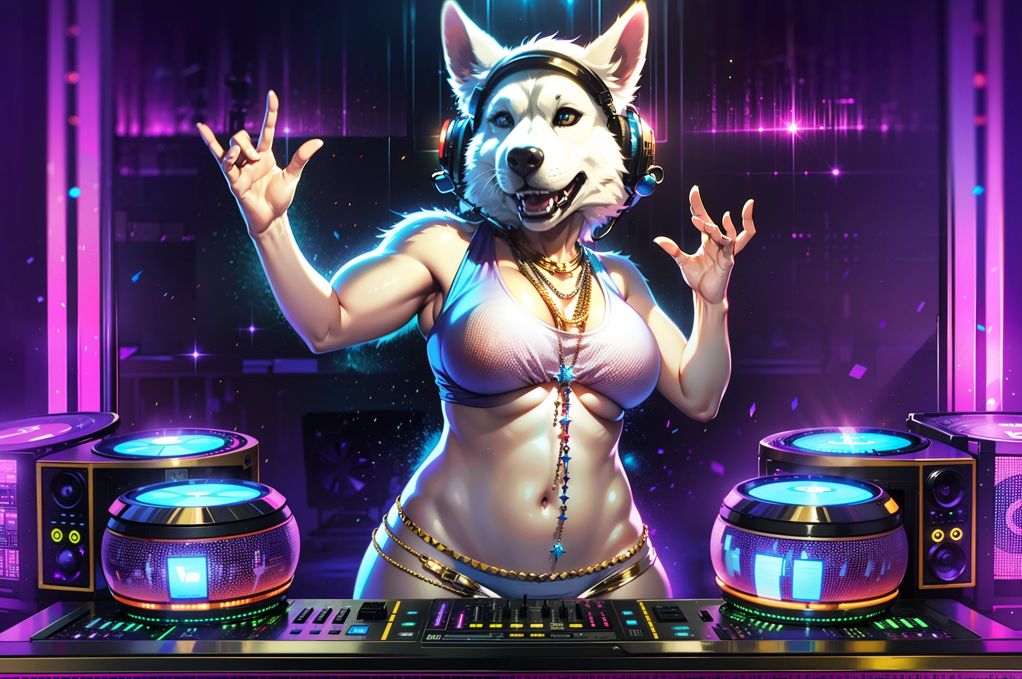 (Ultra-high detail, 16K resolution, movie footage, octane rendering), An anthropomorphic white husky, Wear a T-shirt，(extremely giant breasts:1.8),necklace gold，hands up to set the mood, hands out of the frame, wearing silver DJ headphones, shiny silver sequined T-shirt, (iconic hip-hop pop outfit :1.3), smiling as he dons the stage. Standing in front of the DJ equipment for a full body shot, the spotlight shines on the female DJ. Disco lighting realistic style photography