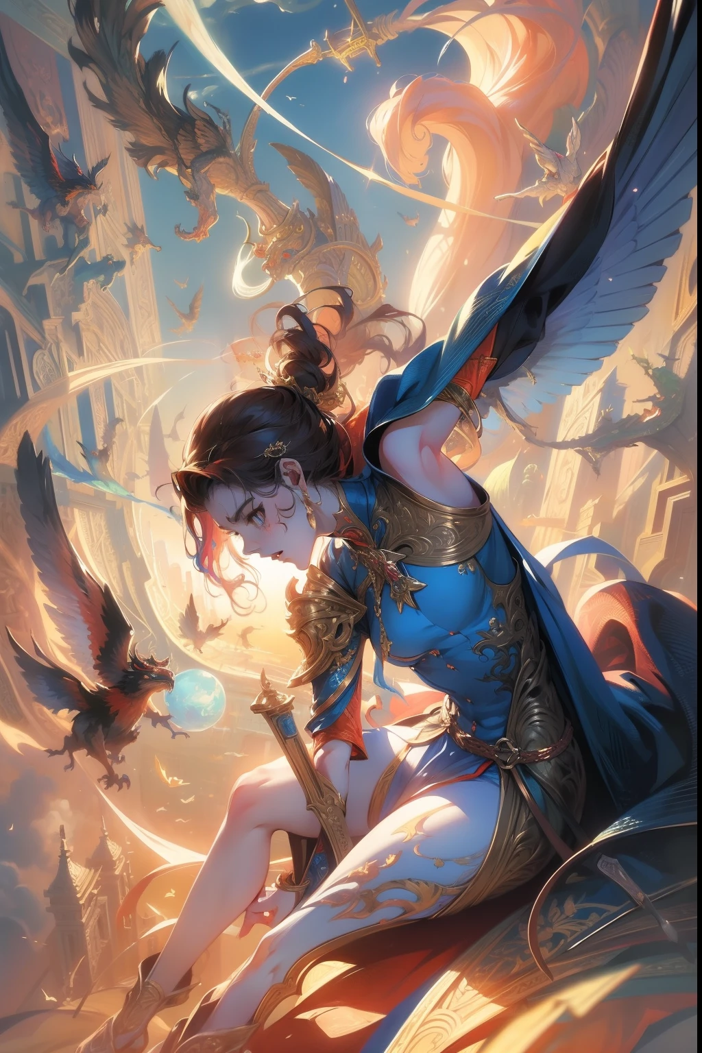 (splash art), (masterpiece ,best quality:1.2), detail face, a fantasy figure sitting on top of clouds, in the style of hanging scroll, strong facial expression, colorful grotesques, precisionist lines, large-scale muralist, manticore, upper body, illustration, high detail,