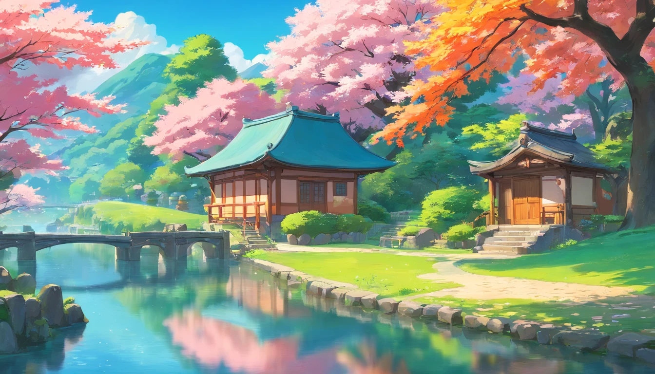 anime scenery of a small house near a pond, vivid colours, sakura flowers, anime background art, anime countryside landscape, beautiful anime scenery, anime background, anime landscape wallpaper, anime scenery concept art, anime landscape, anime scenery, anime beautiful peace scene, background artwork, beautiful anime scene, scenery artwork, anime nature wallpap, anime art wallpaper 8 k, anime art wallpaper 4 k