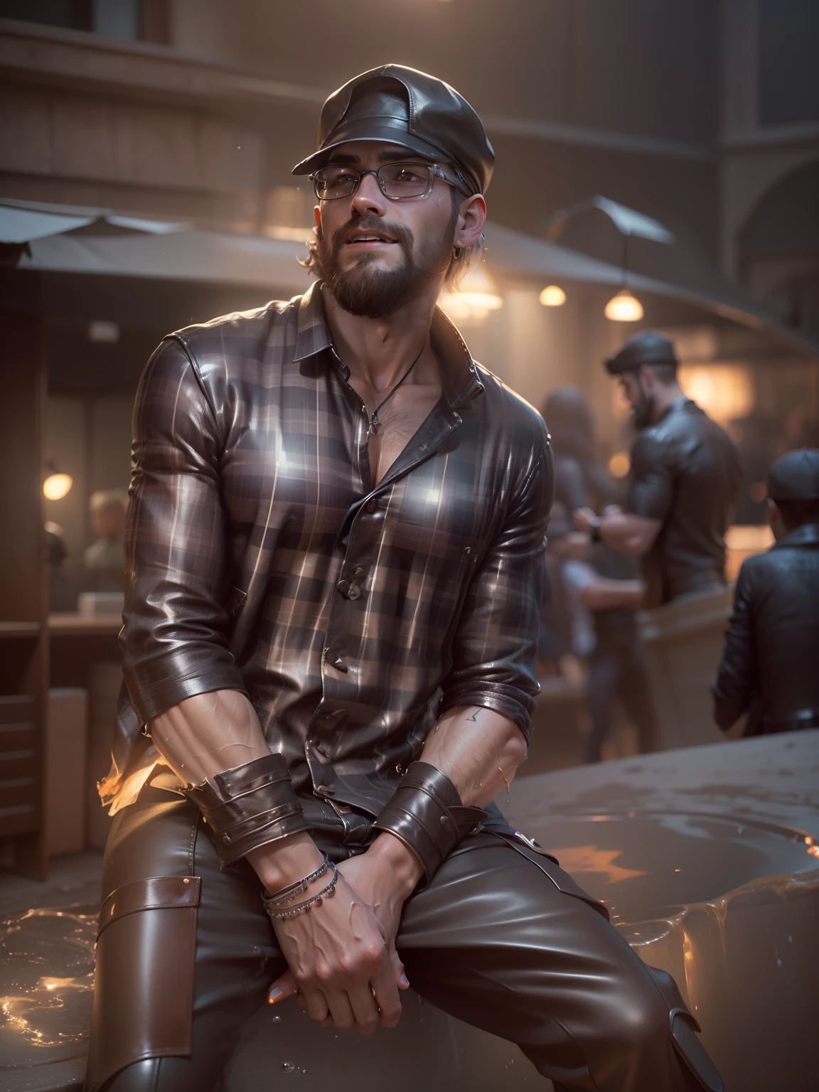 (Professional 3D rendering:1.3) de (Realistic:1.3) Foto de arte mais bonita do mundo,Features soft, bright male heroes, ((Epic hero fantasy rough muscular man wet hero smiley look shirt hair wearing a cap from backside short beard and fierce expression in dynamic pose, fantastic location, majestoso ambiente desordenado)), corpo inteiro 8k unidade render, action shot, poros da pele, very dark lighting, sombreamento pesado, circunstanciado, Rosto detalhado, (vibrante, fotogrdeia realista, Realistic, Dramatic, Escuro, foco nítido, 8k), (Old leather clothes damaged by bad weather:1.4), ((((Use peles)))), (intrincado:1.4), decadente, (altamente detalhado:1.4), pintura digital, rendering by octane, art stations, Conceito-Arte, liso, foco nítido, illustration, germe da arte, (Loish:0.23), Wlop Ilya Kuvshinov, e Greg Rutkowski e Alphonse Mucha Gracias, (global ilumination, studiolight, Light Volumetric), chuva forte, floating particles, patife, fantasia, Onze, corpo inteiroesbian, ((Fundo escuro e antigo da cidade:1.3)),CGSesociedade,art stations
