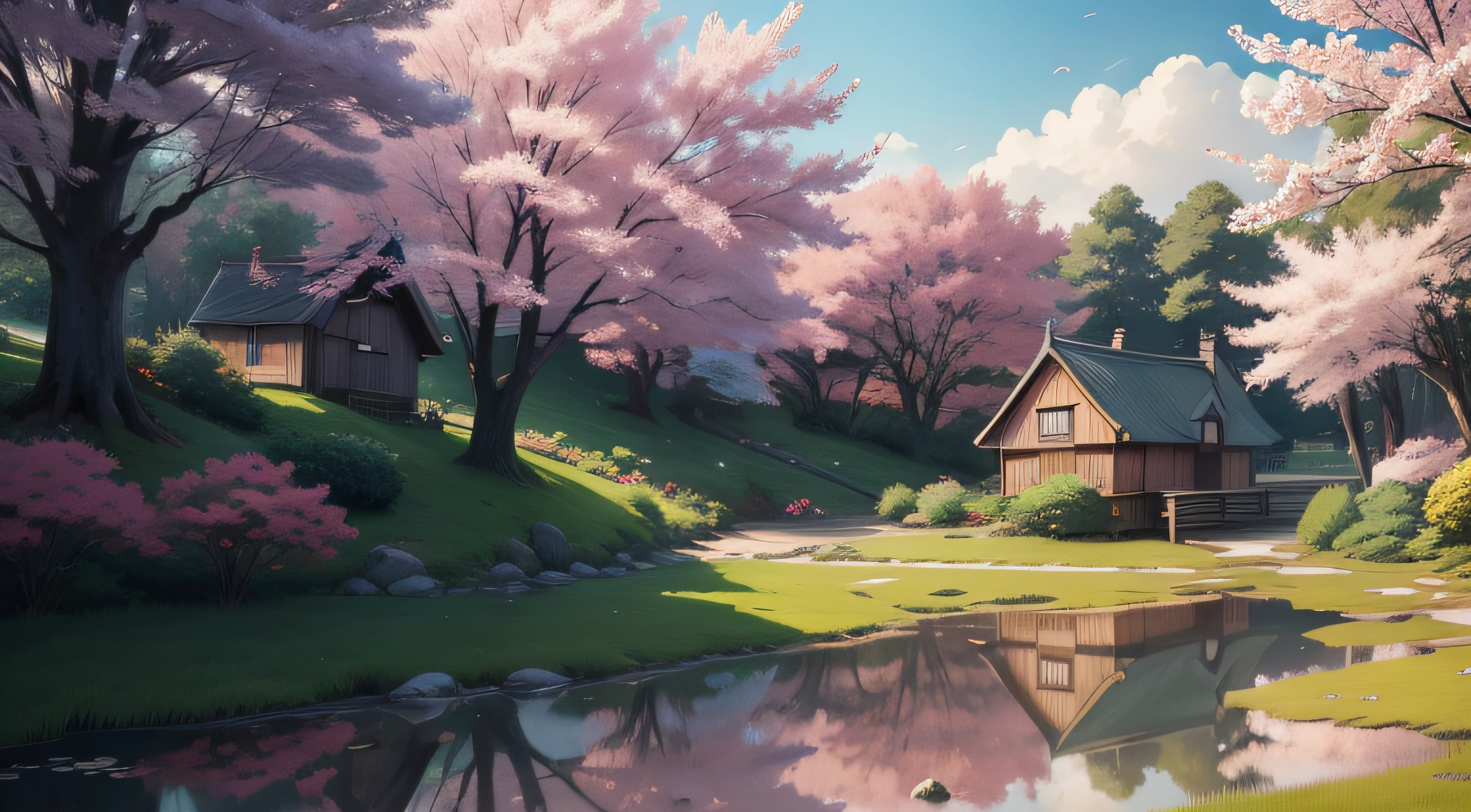 anime scenery of a small house near a pond, vivid colours, sakura flowers, anime background art, anime countryside landscape, beautiful anime scenery, anime background, anime landscape wallpaper, anime scenery concept art, anime landscape, anime scenery, anime beautiful peace scene, background artwork, beautiful anime scene, scenery artwork, anime nature wallpap, anime art wallpaper 8 k, anime art wallpaper 4 k