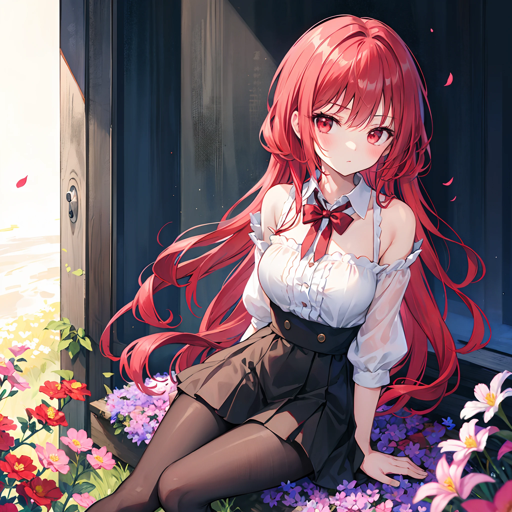 Wavy red hair、red eyes、Beautiful girl alone、doress、off shoulders、a miniskirt、Black tights、sitting on、flower  field、